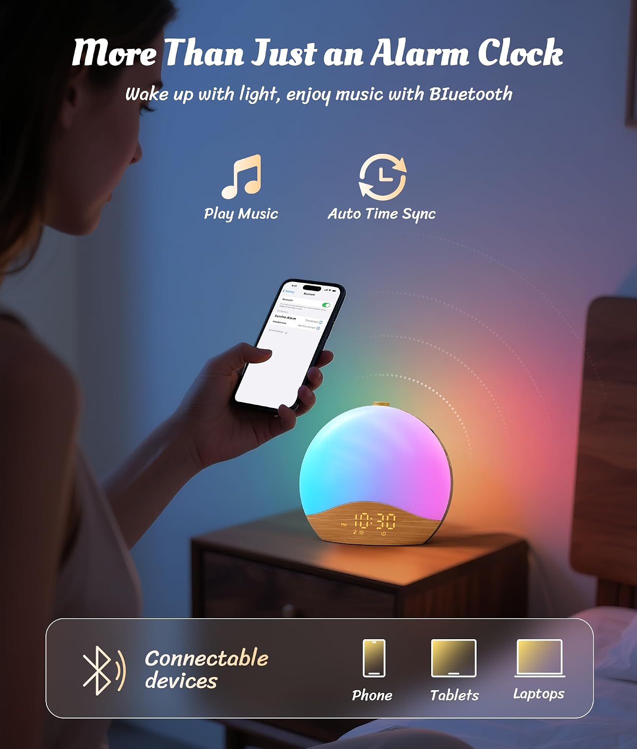 ecozy Wood Grain Sunrise Alarm Clock, White Noise Sound Machine, Music-Sync Lights, Upgraded Backlit Buttons for Bedrooms, 26 Soothing…