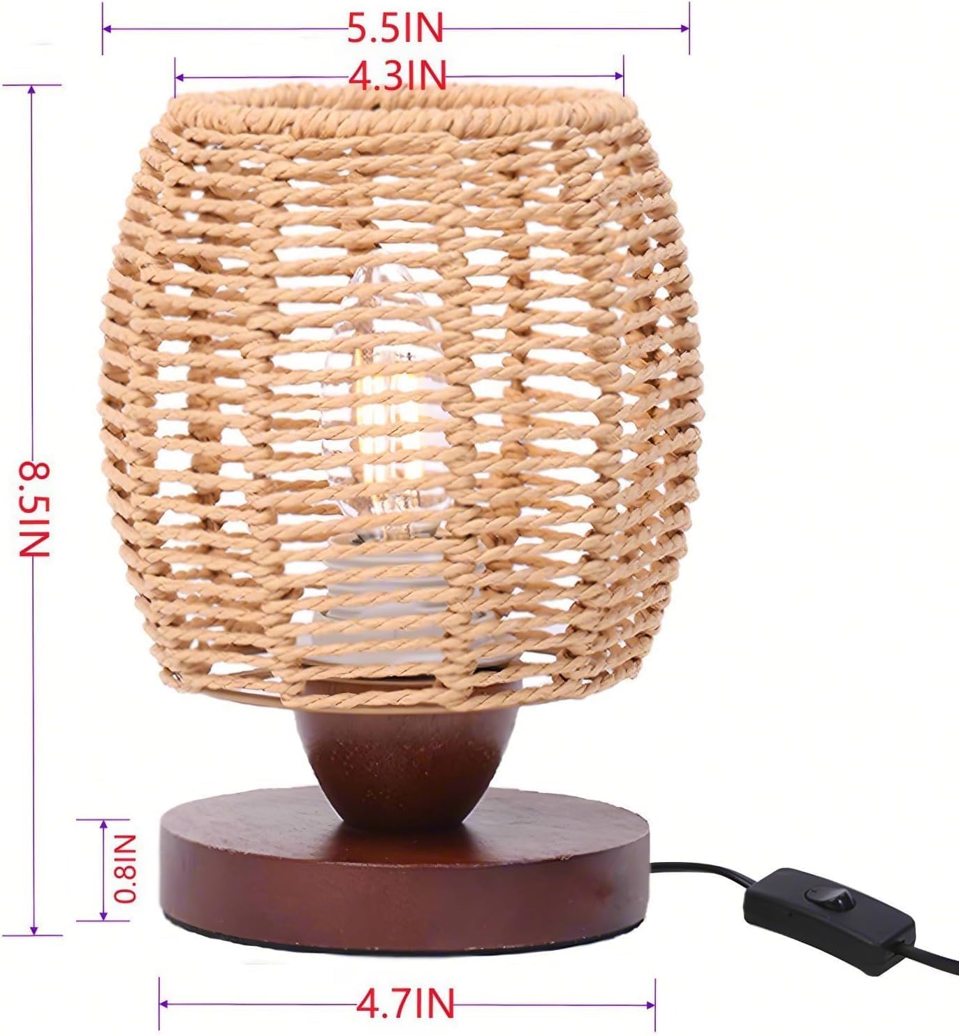 Rattan Table Lamp, Boho Small Beside Lamp, Farmhouse Table Lamp for Room Decor, Vintage Wicker Wooden Nightstand Bamboo Woven End Table…