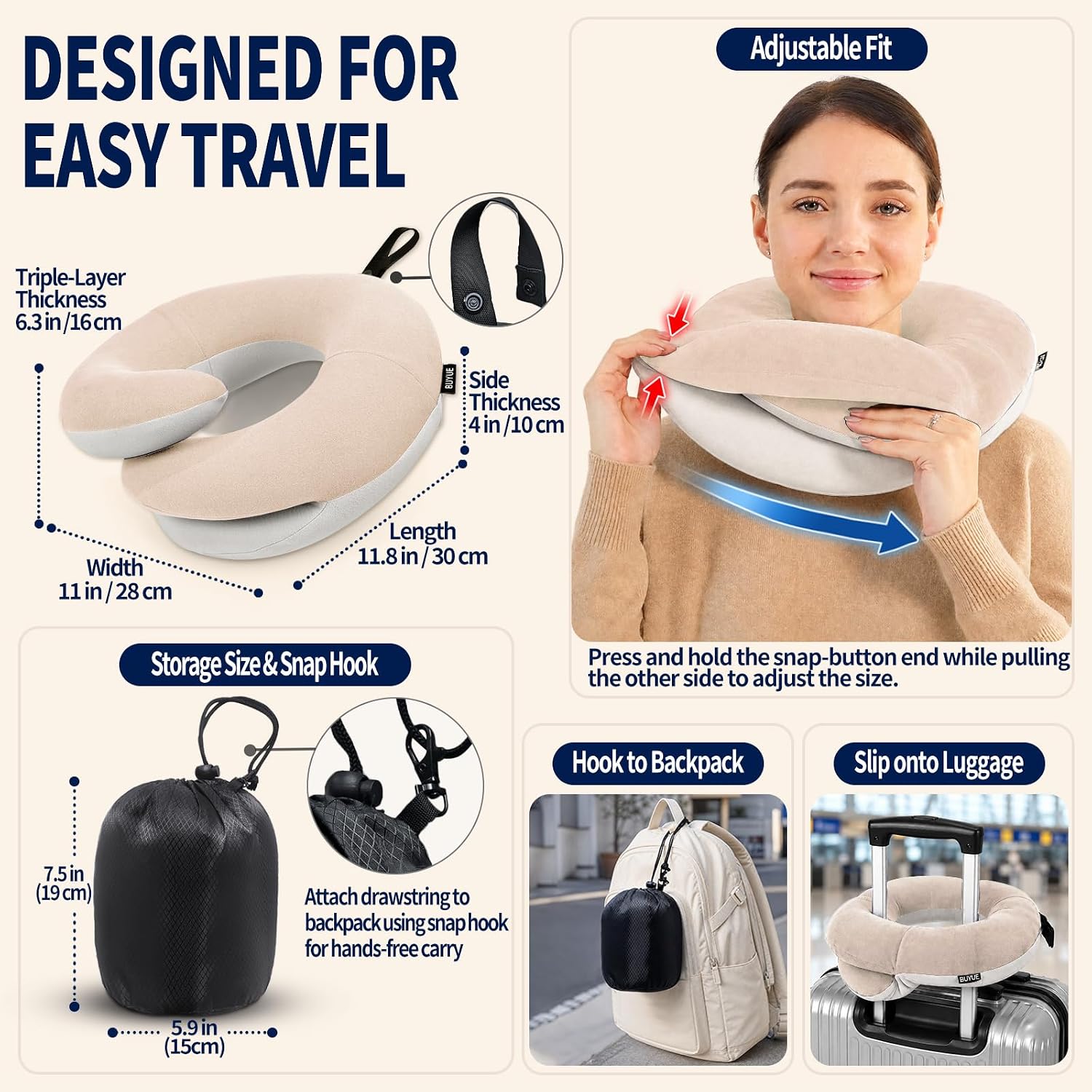 BUYUE Travel Neck Pillows for Airplanes, Memory Foam 360° Head Support Sleep for Long Flight, Skin-Friendly & Breathable, Kit with Eye…