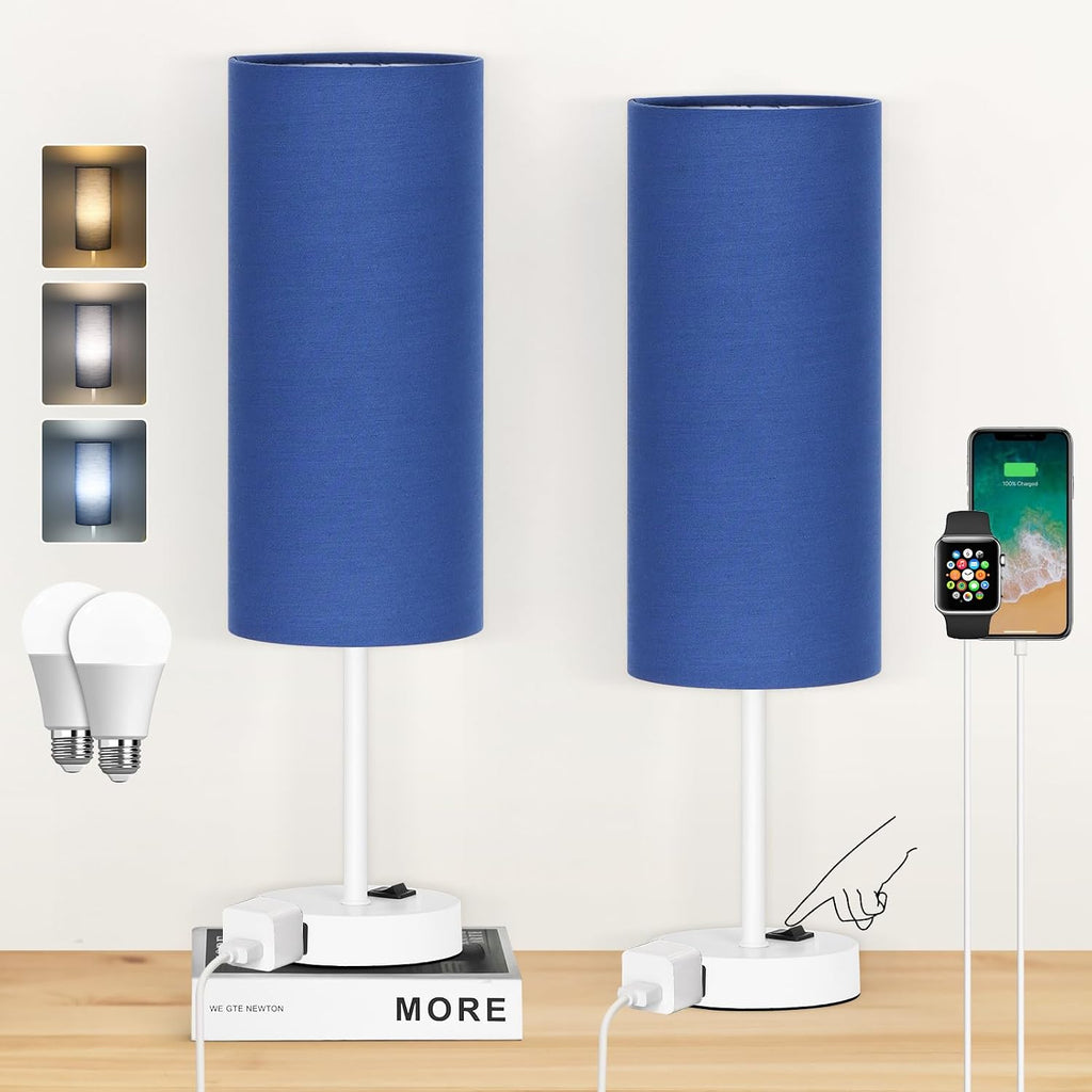 ZJOJO Table Lamp for Bedroom 2 Pack,18in Bedside Lamps with 3 Way Dimmable Rocker Switch & AC Outlet, Nightstand Desk Lamp with Blue…