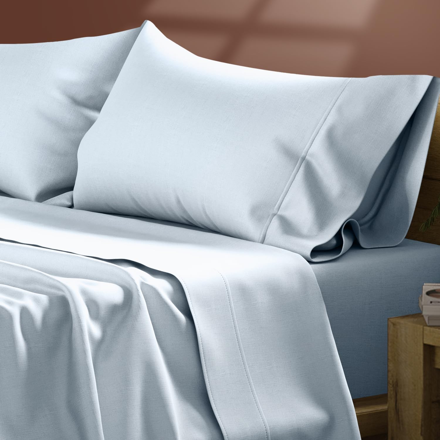 TEXAS LINEN CO. Egyptian Cotton Twin XL Sheet Set – 300 Series Extra Long Twin Sheets (4 PC, Light Blue), Soft & Durable, Cooling, 16"…