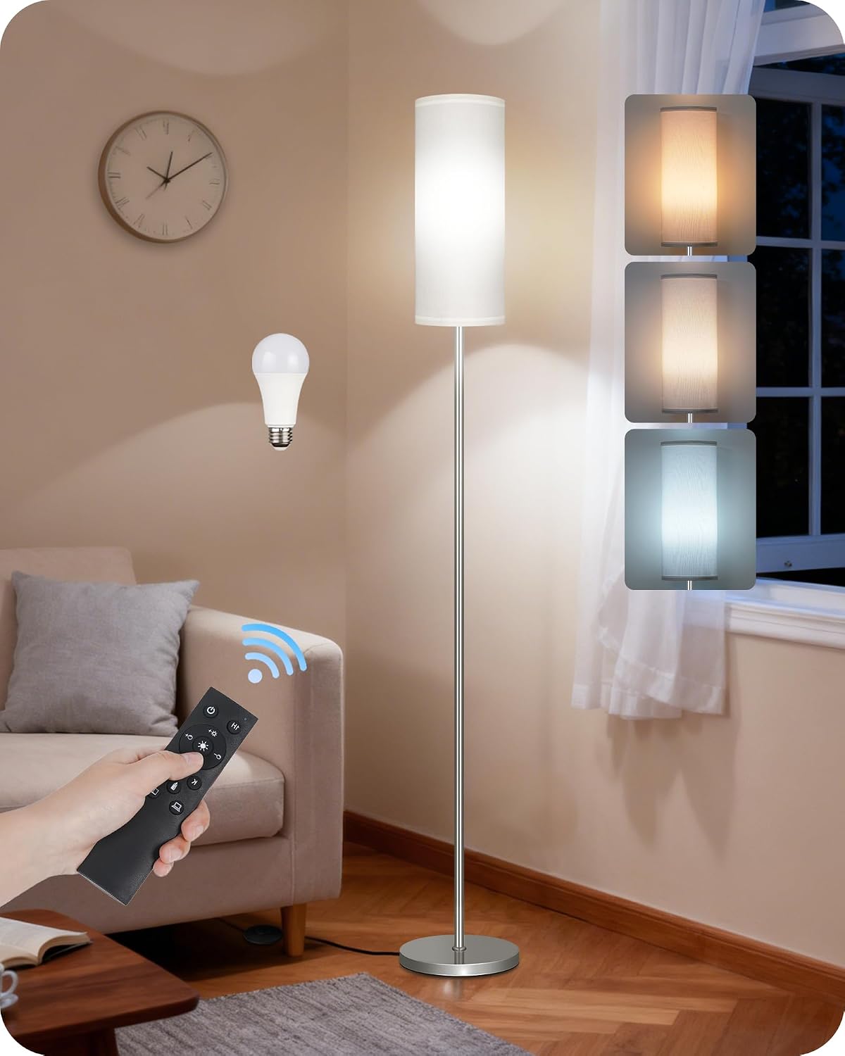 Dimmable Floor Lamps for Living Room with Remote and Foot Switch, 64.4” Modern Standing Tall Lamp, Corner Lamp for Bedroom, Office, Bulb…