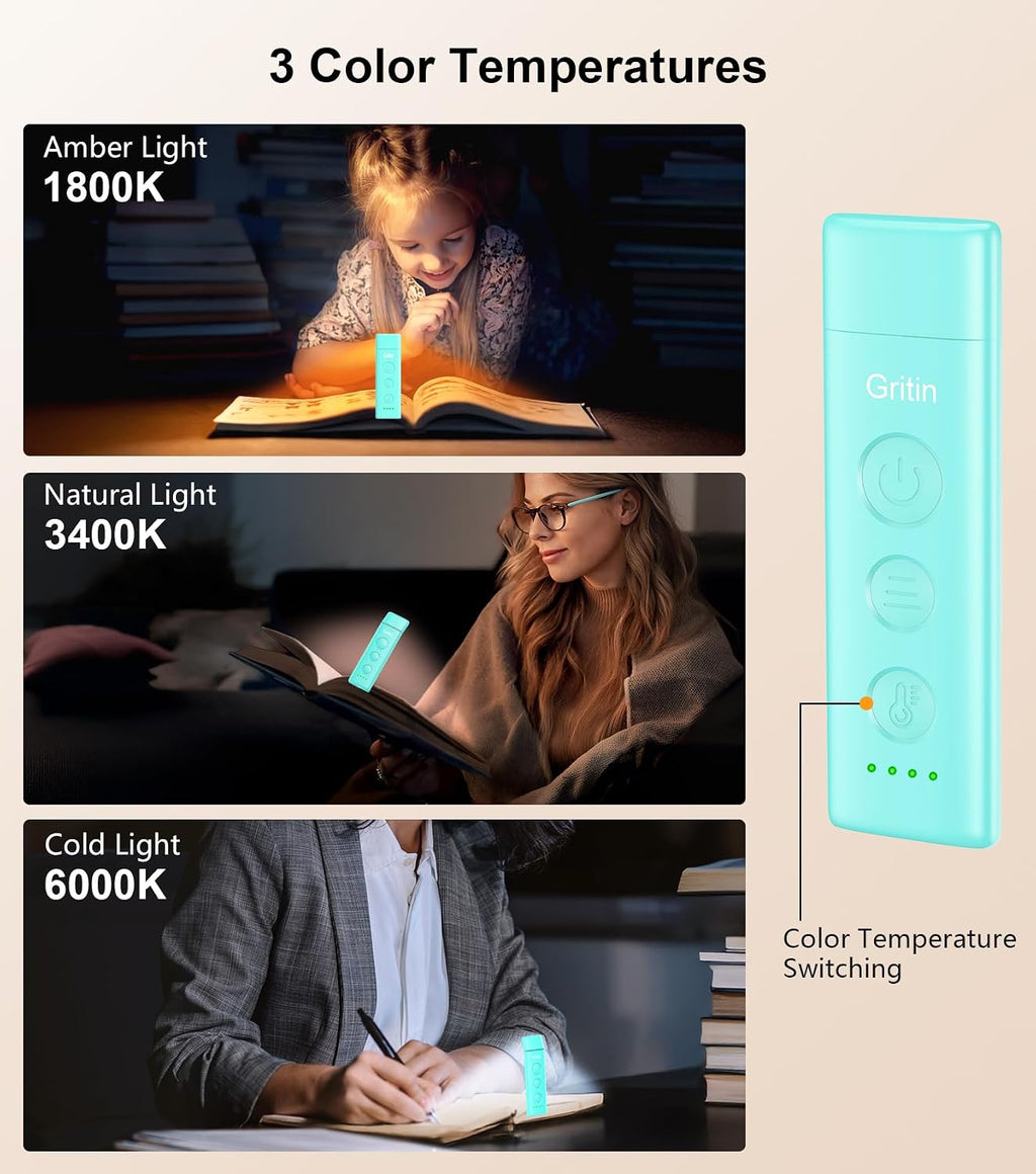 Gritin Book Light Rechargeable, Eye Caring 3-Color & 5-Brightness Clip on LED Reading Light for Books in Bed- Stepless Dimming, Long…