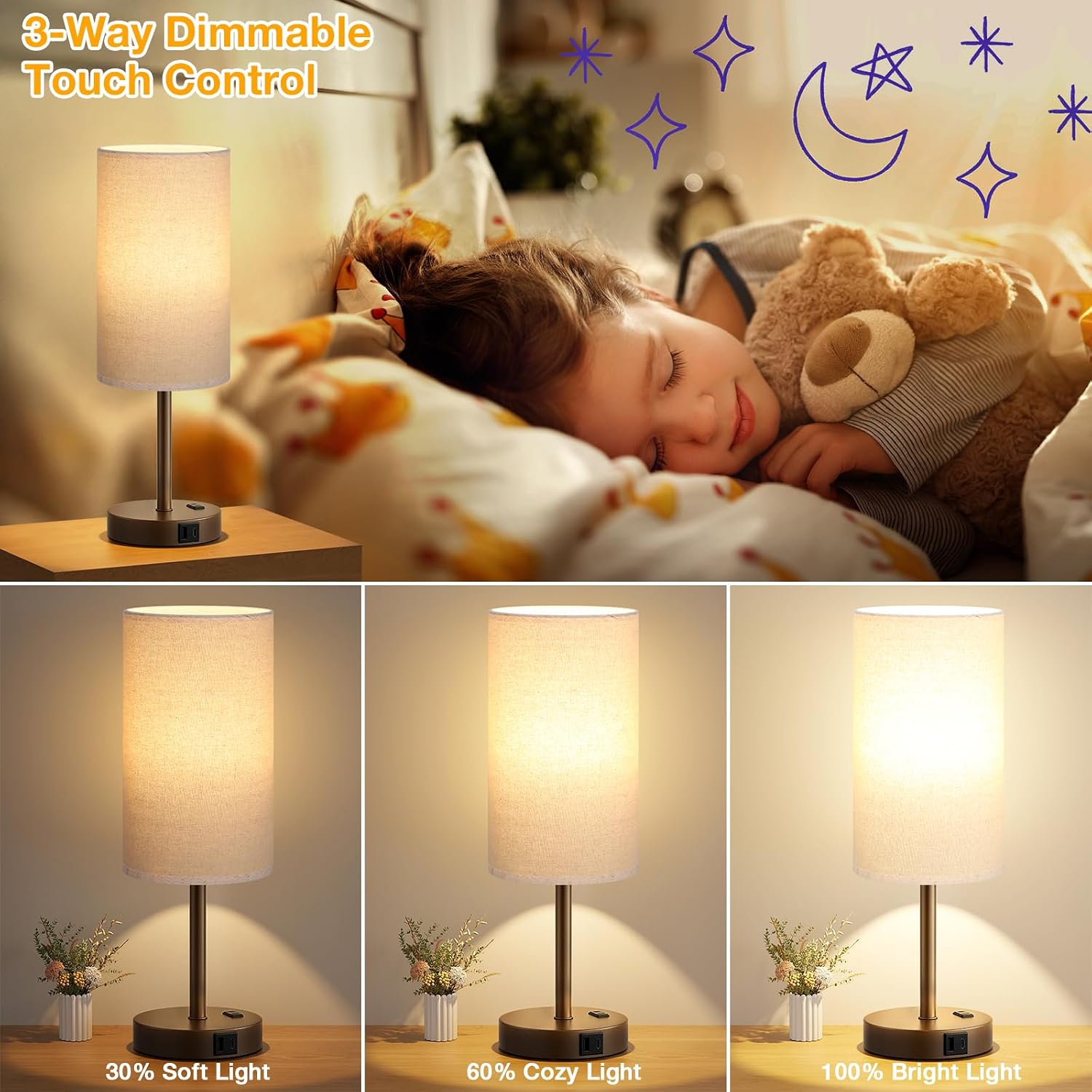 Dicoool Touch Bedside Table Lamp with USB - 3 Way Dimmable Brown Lamp for Bedroom Nightstand, Desk Lamp with Charging Station for Dorm…