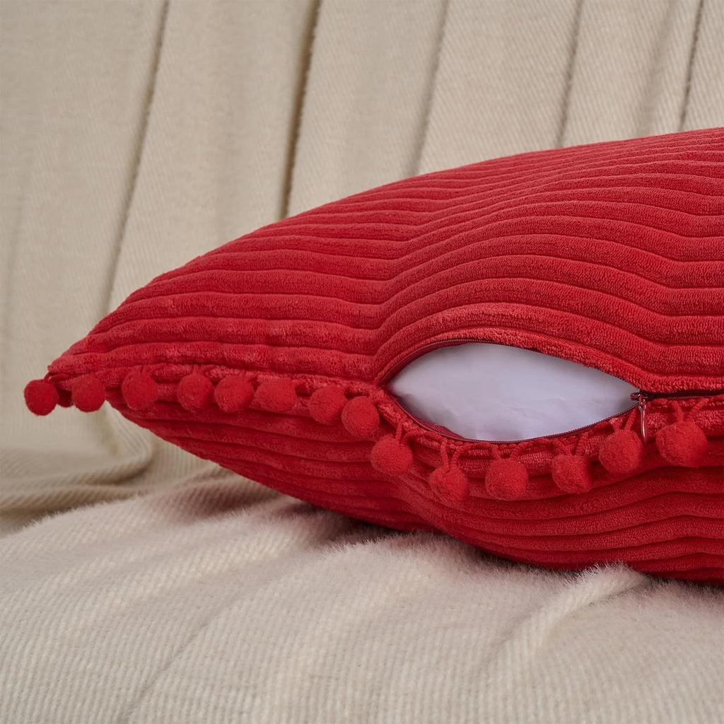 Fancy Homi 1 Pack Red Long Lumbar Body Decorative Throw Pillow Covers 20x54 Inch with Pom-poms for Couch Sofa Bed, Farmhouse Boho Rustic…