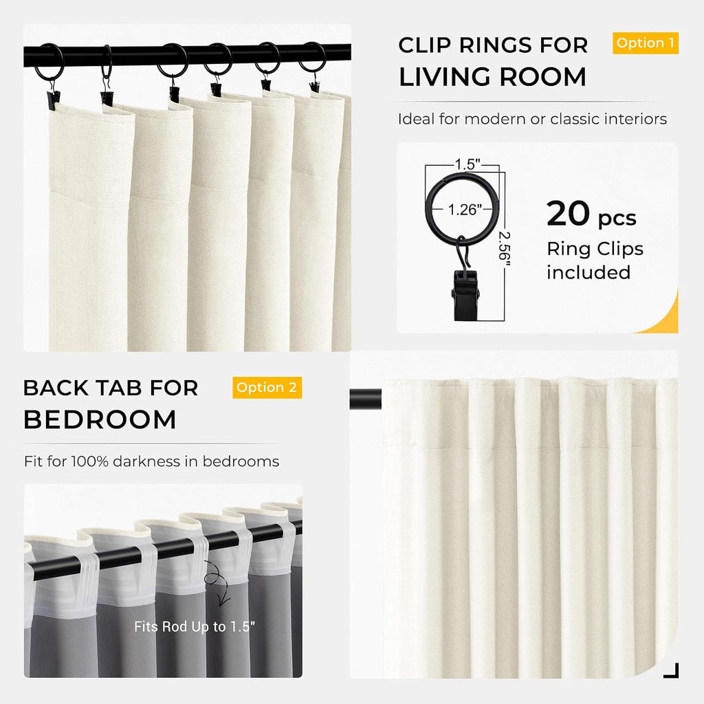 INOVADAY 100% Blackout Curtains for Bedroom, Black Out Curtains 63 Inch Long, Clip Rings Linen Blackout Drapes, Thermal Insulated Room…