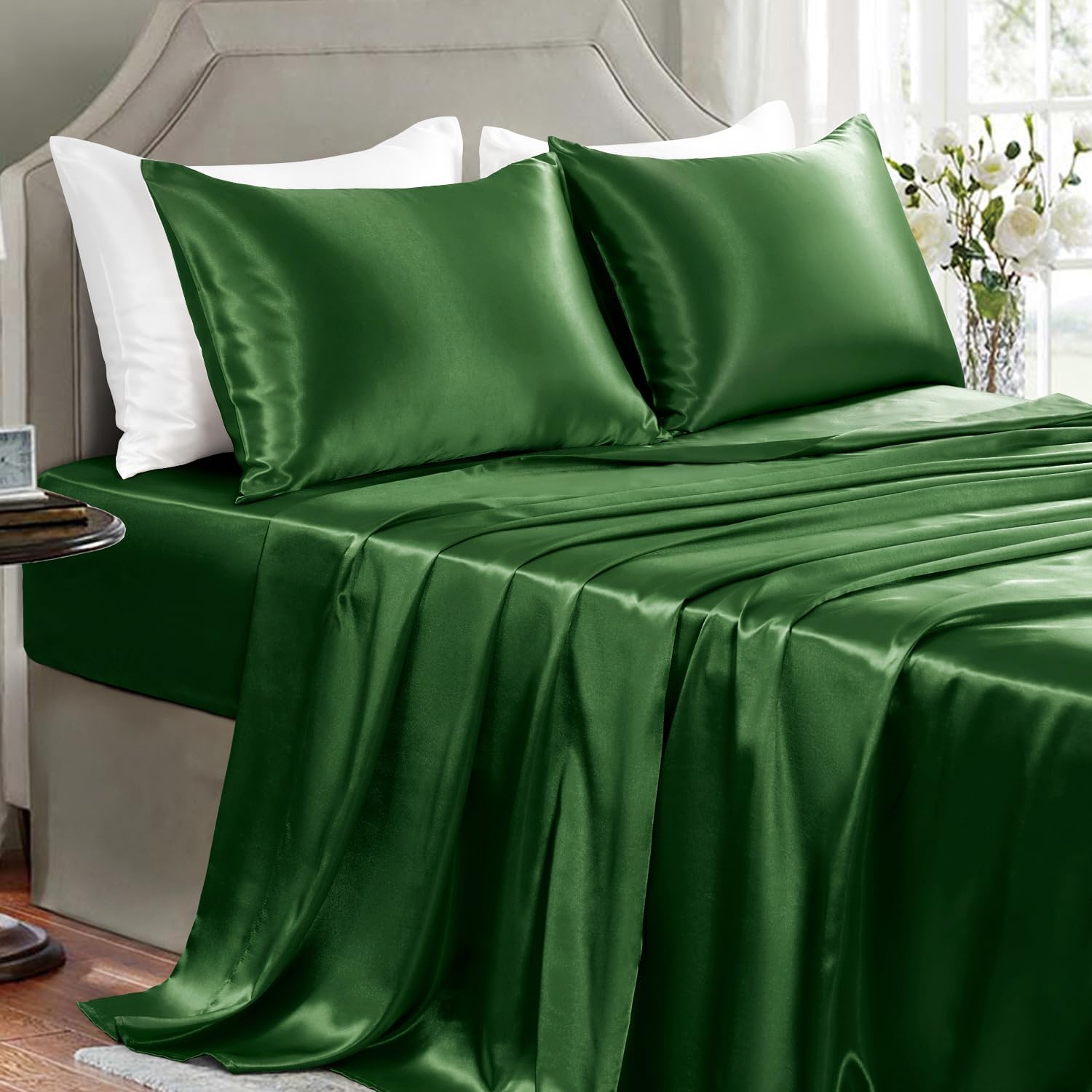 Golal Satin Sheets Queen Size - 4 Pieces Luxury Silky Soft Bed Sheets, Wrinkle-Free Dark Green Satin Silk Sheet Set with 1 Deep Pocket Fitt…