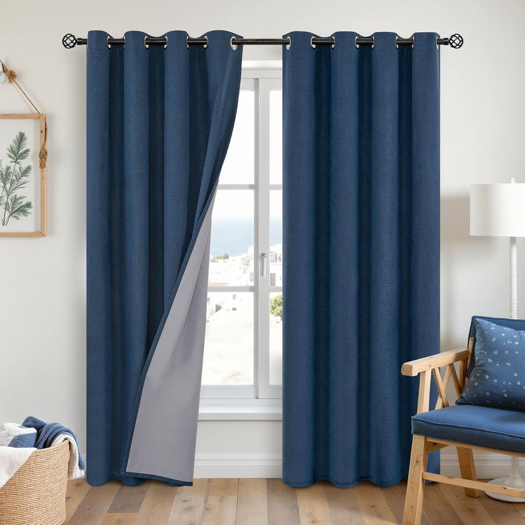 YoungsTex Navy Linen Blackout Curtains for Bedroom, Dark Blue Thermal Insulated Drapes with Grommet Privacy Protection for Living Room Wind…