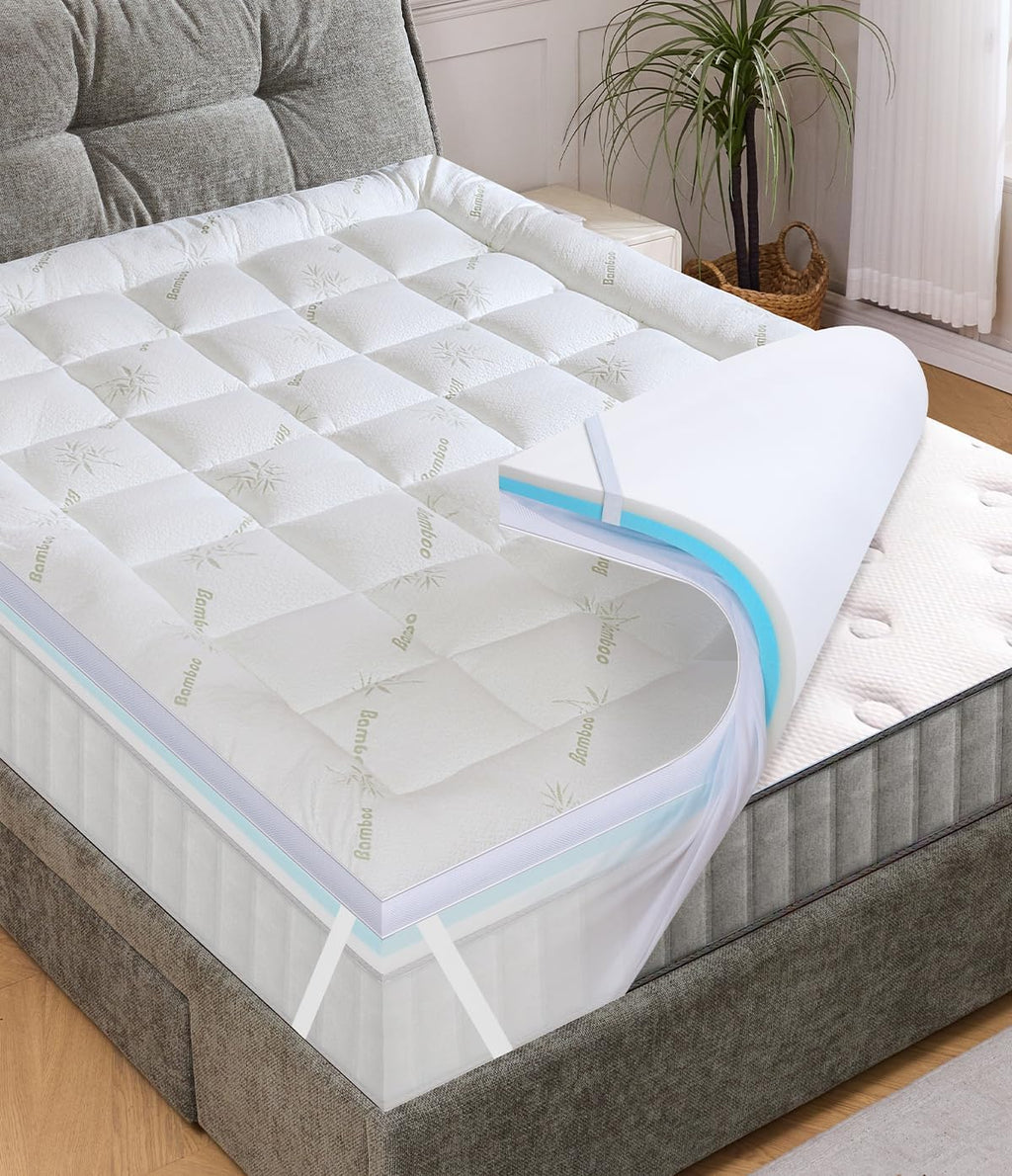 FrachoLLC Fracho 4 Inch Dual Layer Memory Foam Mattress Topper King, 2-in-1 Adjustable Design with 2" Bamboo Rayon Pillow Top & 2" Cooling…