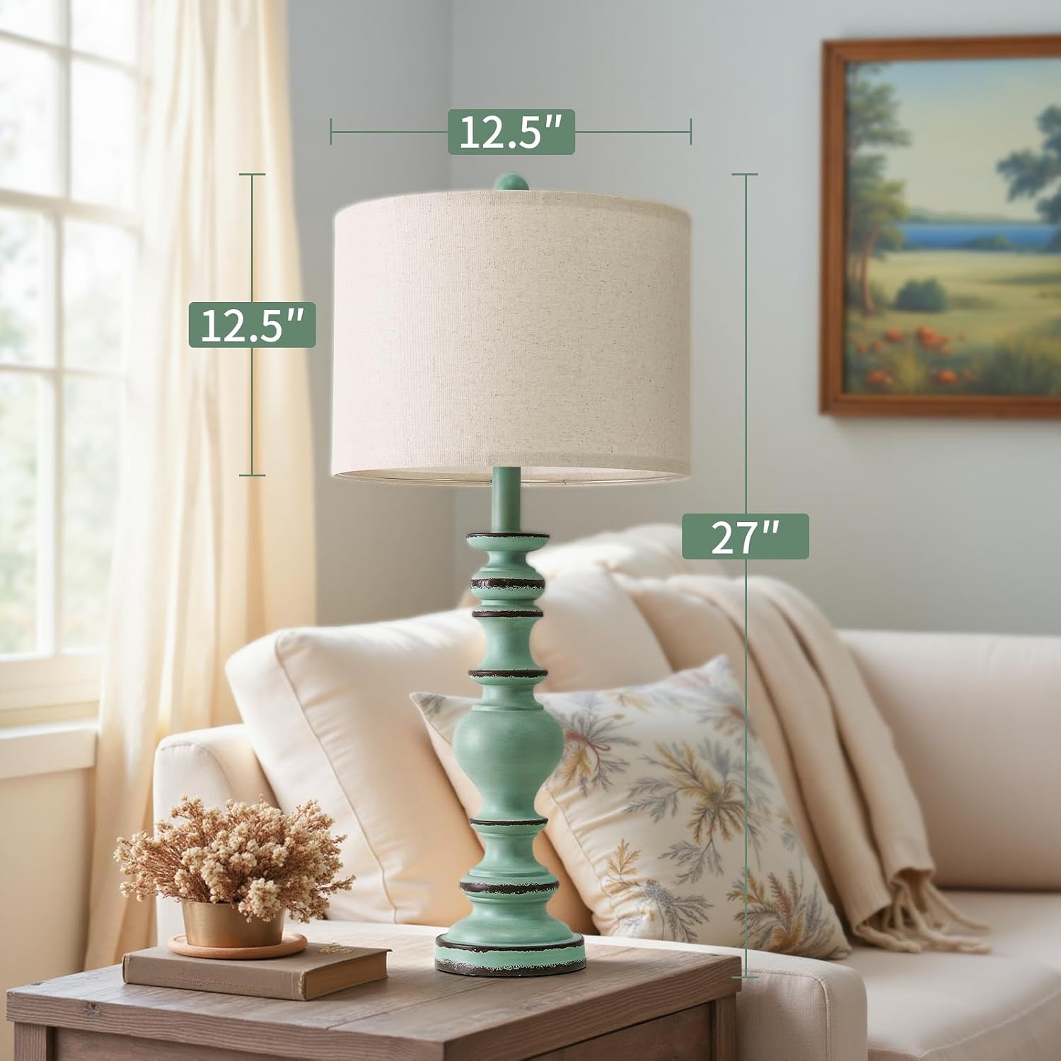 BOBOMOMO 27" Distressed Teal Table Lamps Set of 2, Large Coastal Farmhouse Resin Lamps with Linen Shades, Blue Green Lamps for Living…