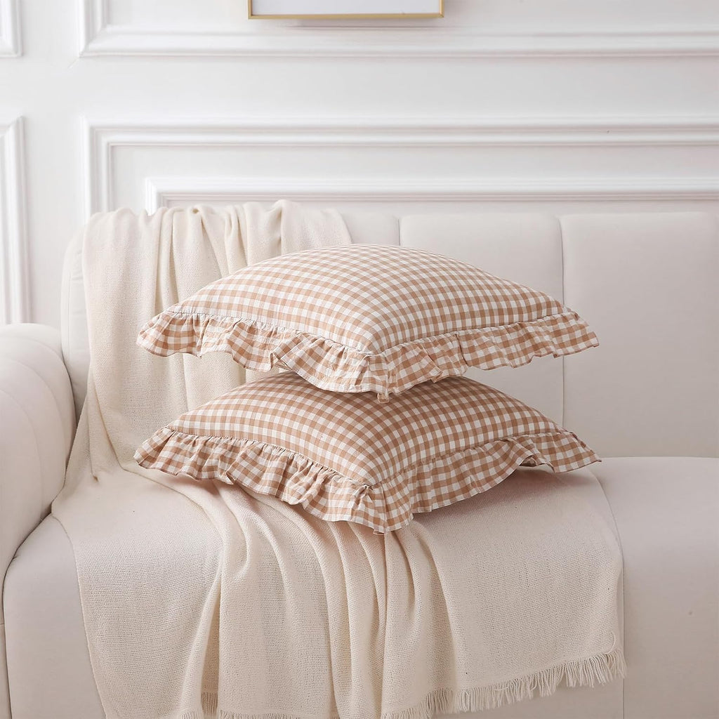 Kmasaniji 2 Pack Taupe White Plaid Ruffle Gingham Throw Pillow Covers, 100% Washed Cotton Checkered Fall Decorative Farmhouse Pillow Shams…