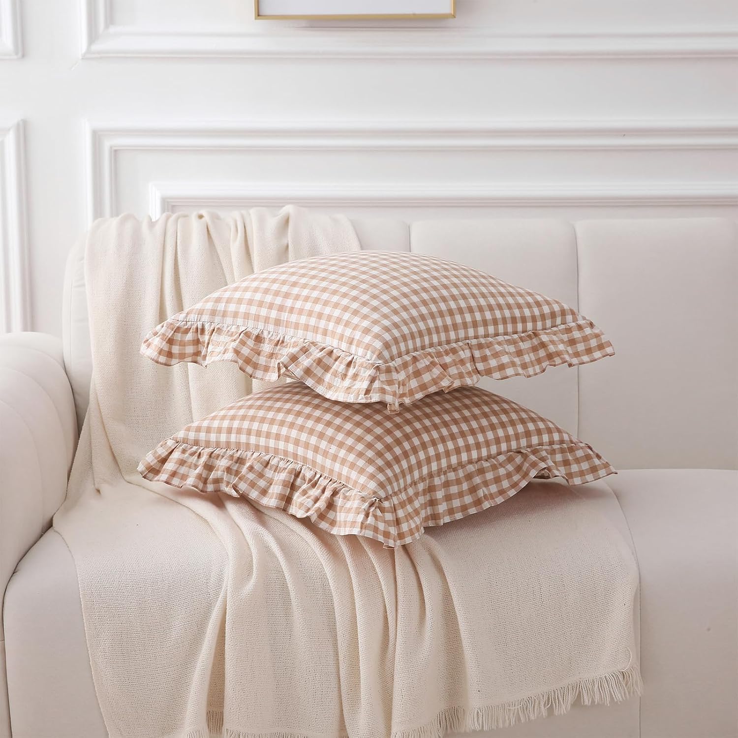 Kmasaniji 2 Pack Taupe White Plaid Ruffle Gingham Throw Pillow Covers, 100% Washed Cotton Checkered Fall Decorative Farmhouse Pillow Shams…