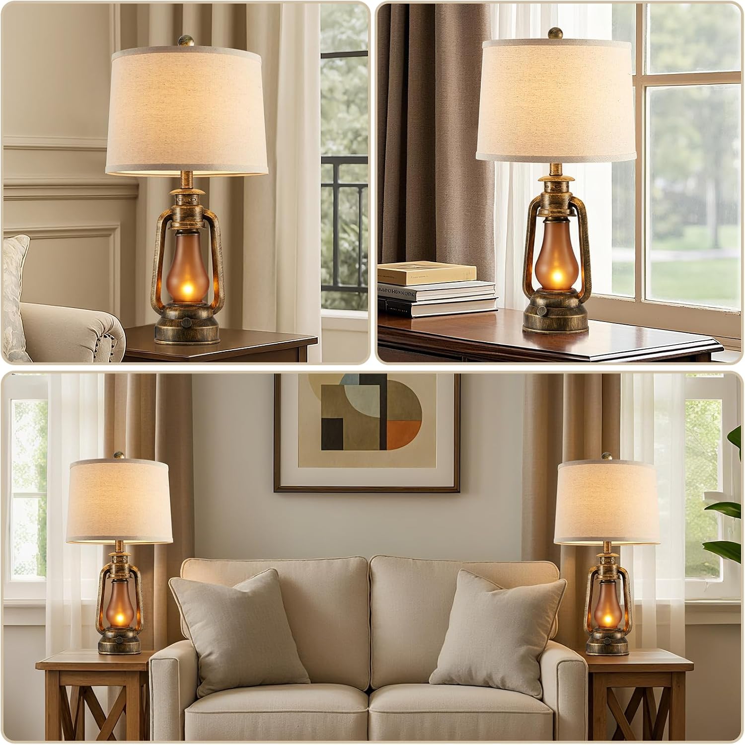 25" Set of 2 Rustic Lantern Table Lamps for Living Room Bedroom, 2 USB Ports Farmhouse Vintage Bedside Desk Lamp Nightlight for Entryway…