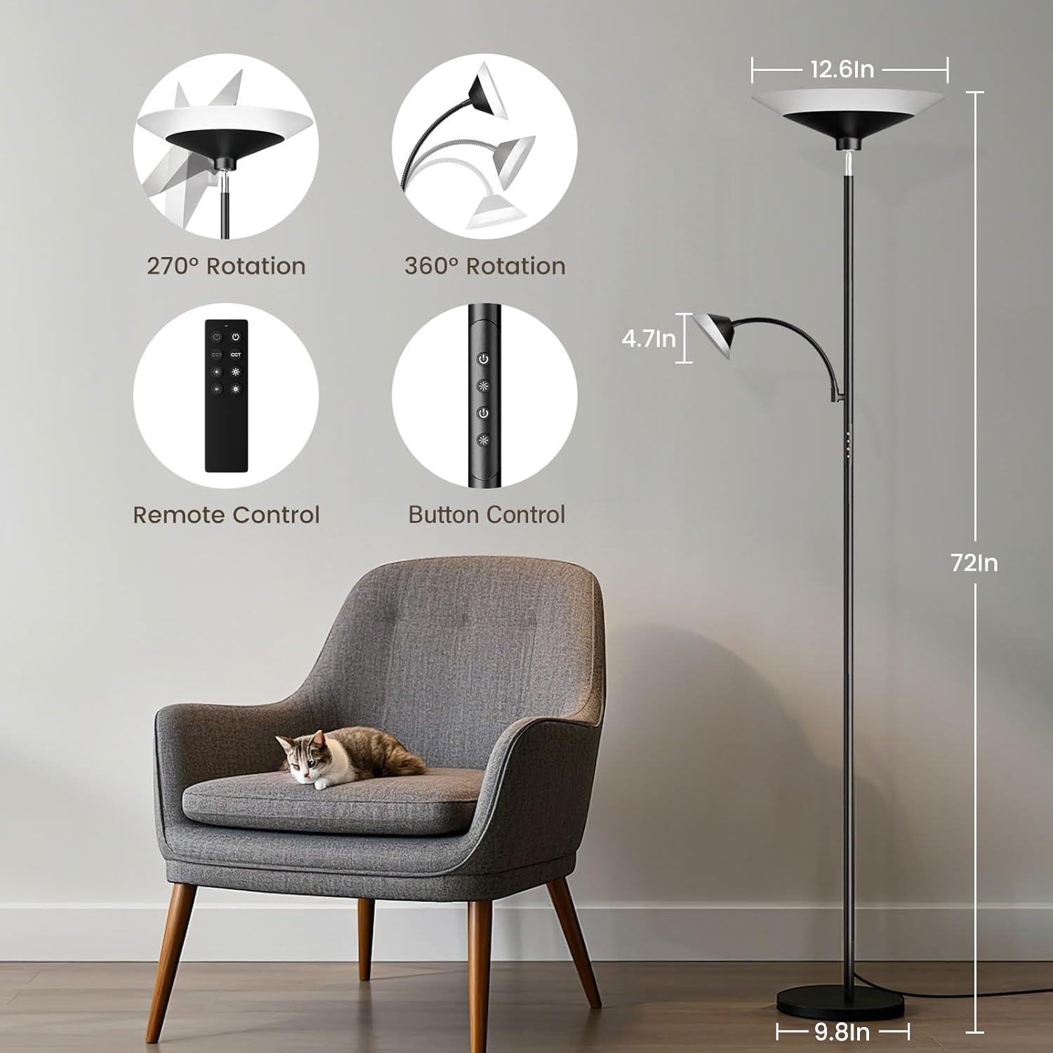 SIBRILLE Upgraded 2-in-1 Torchiere Floor Lamp, Dimmable Standing Lamp with Remote&Button Control, 34W Brightness Adjustable Floor Reading…