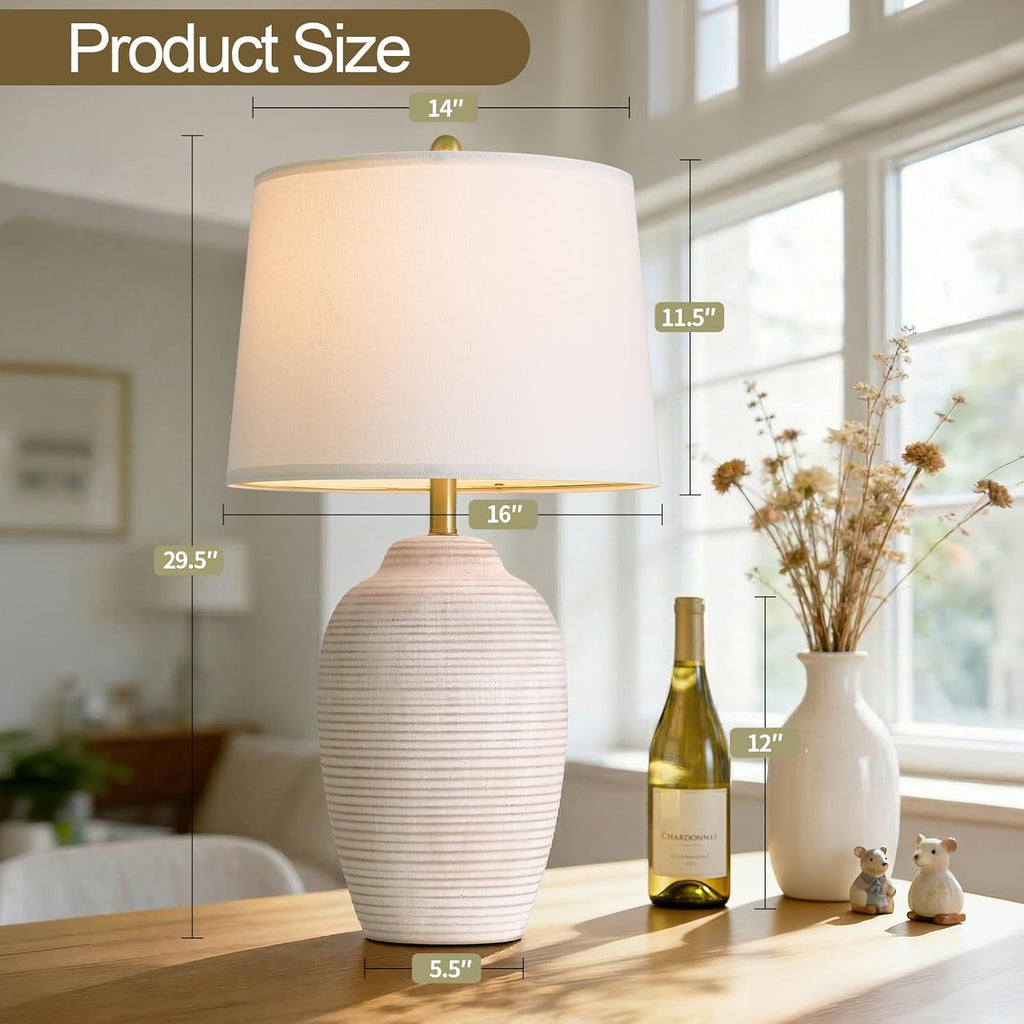 USumkky 29.5" Tall Vintage Ceramic Table Lamp with 5FT Cord - Single Large Rustic Farmhouse Bedside Lamp with Linen Shade & Natural Texture…