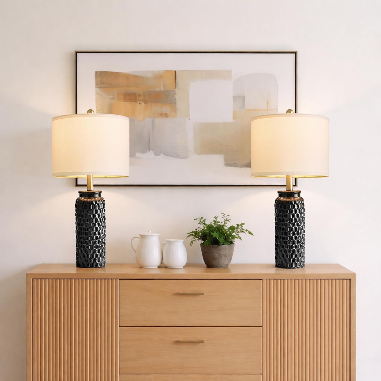 USumkky 24" Modern Ceramic Black Bedside Lamp Set of 2 Table Lamp for Bedroom Decor Farmhouse Table Lamp for Living Room Office Dorm