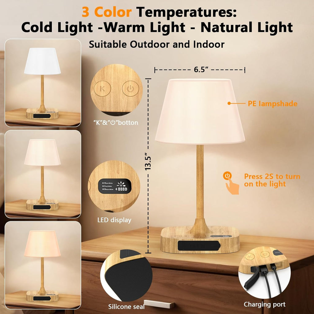Table Lamp - 8000mAh Cordless Rechargeable Battery and Dimmable LED Display Touch Lamp for Patio Bedroom (Wood Grain, 1 Pack)