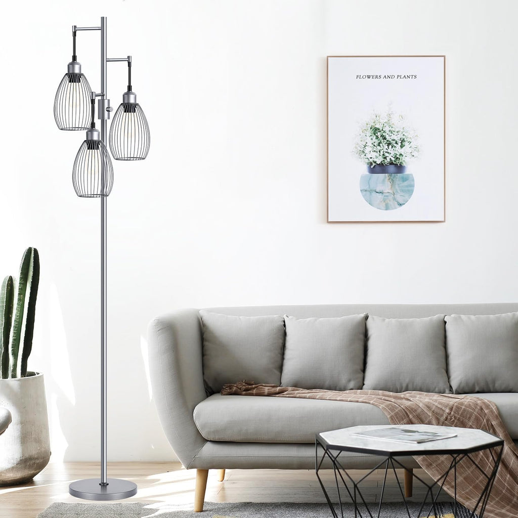 Nintiue Dimmable Floor Lamp, 3 x 800LM LED Edison Bulbs Included, Industrial Floor Lamp Standing Tree Lamp with Elegant Teardrop Cage…