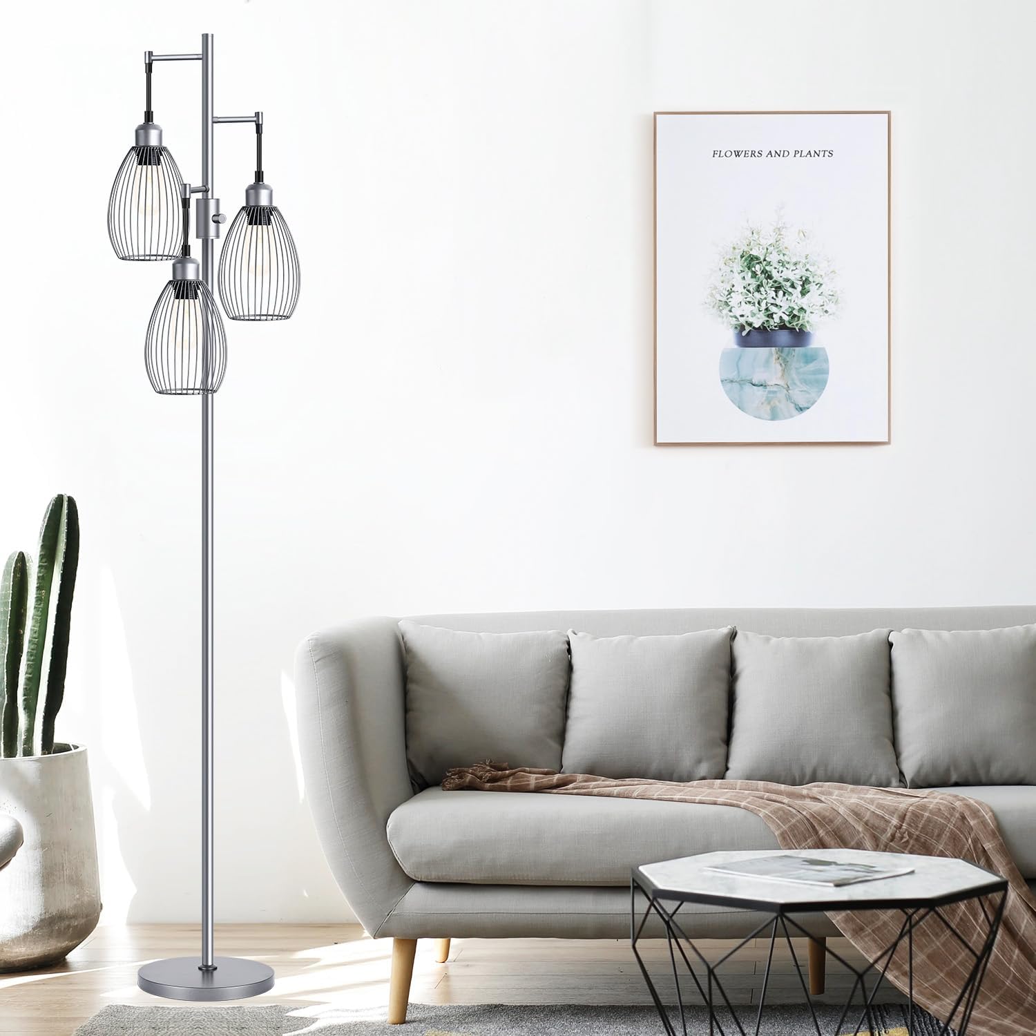 Nintiue Dimmable Floor Lamp, 3 x 800LM LED Edison Bulbs Included, Industrial Floor Lamp Standing Tree Lamp with Elegant Teardrop Cage…