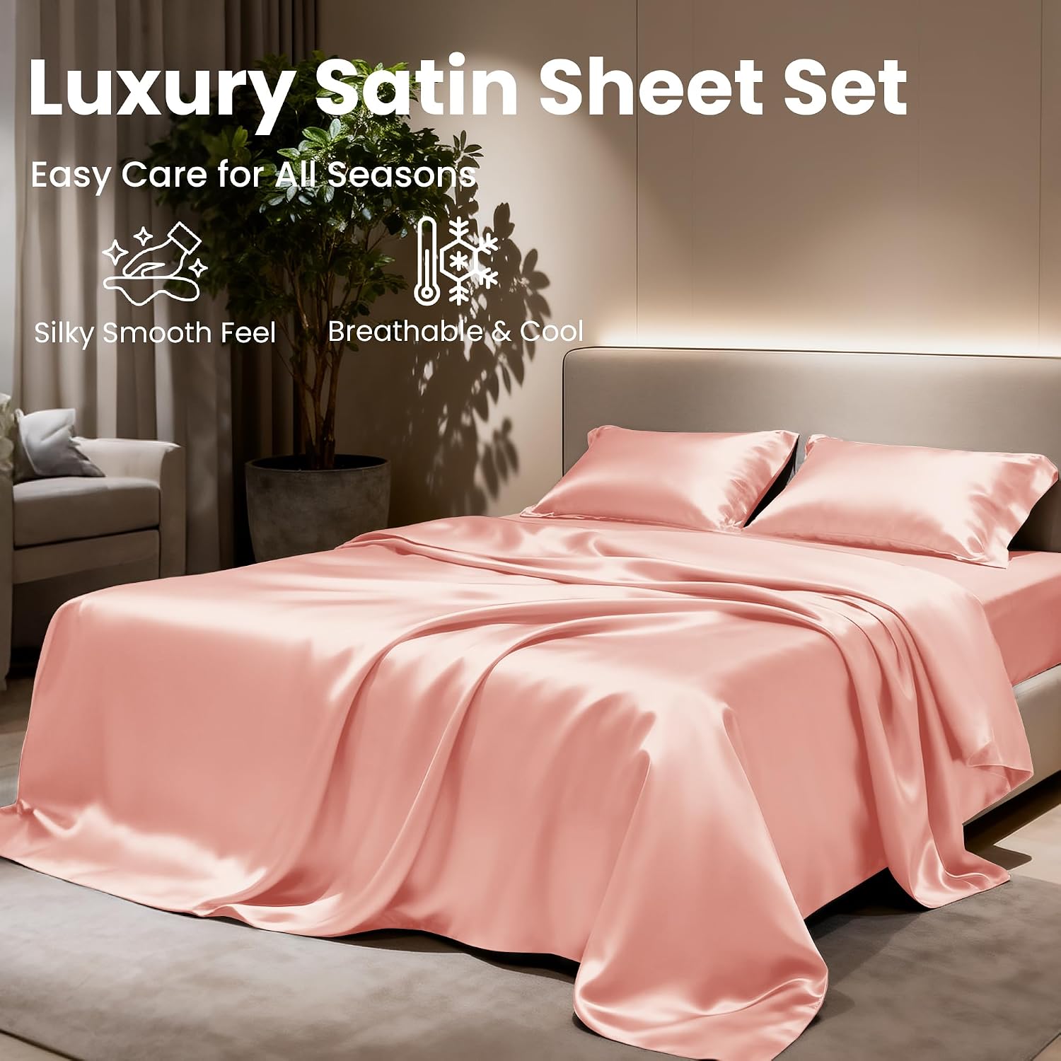Lovescabin Love's cabin California King Satin Sheet Sets - 4 Piece Coral Silky Sheets Bed Set with Deep Pocket, Luxury Silk Feel Satin Cal…
