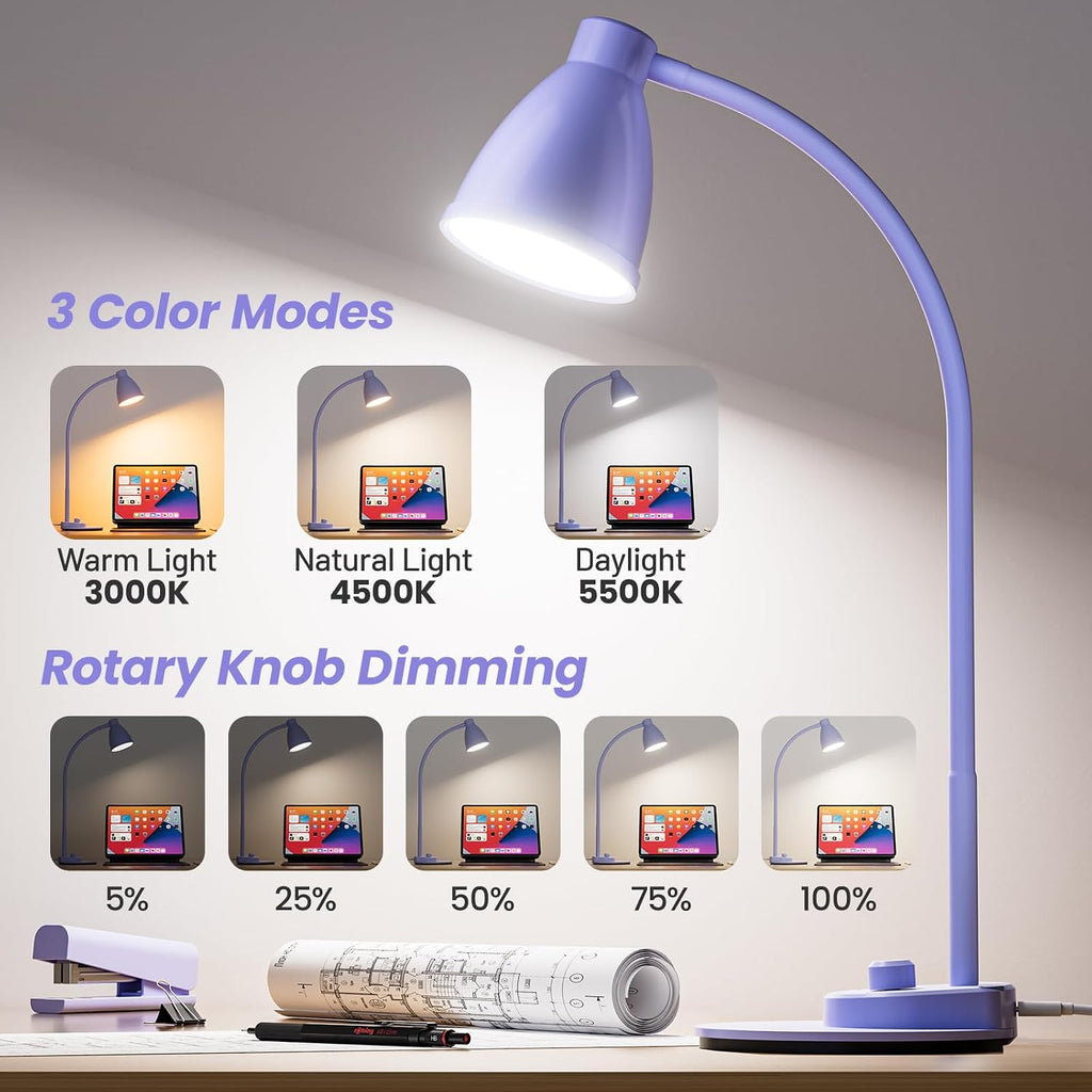 BOHON LED Desk Lamp with USB Charging Port, 3 Color Modes Fully Dimmable Reading Lamp, Auto Dimming Task Lamp, Flexible Neck Table Light…