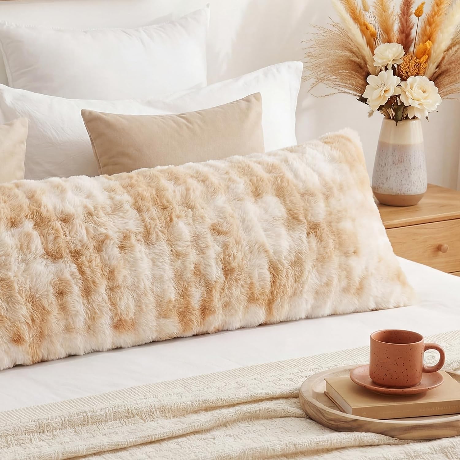 Chumerry Beige Fluffy Body Pillow Cover Faux Fur Pillowcase Extra Soft Fuzzy Plush Long Pillow Cover Gradient Taupe Shaggy Body Pillow Case…
