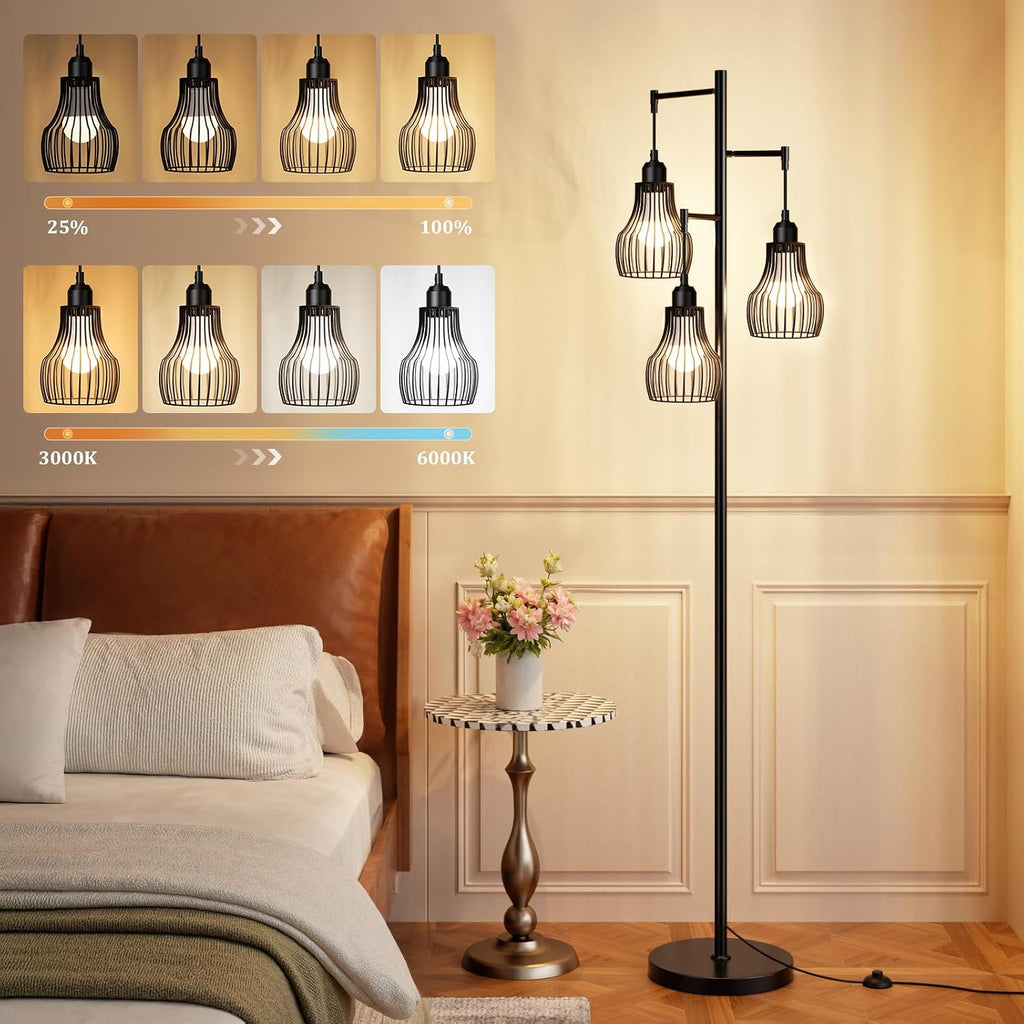 Ziisee Dimmable Floor Lamps for Living Room, Farmhouse Tree Standing Tall Lamp with Remote Control 3 Elegant Cage Shade LED Bulbs for…
