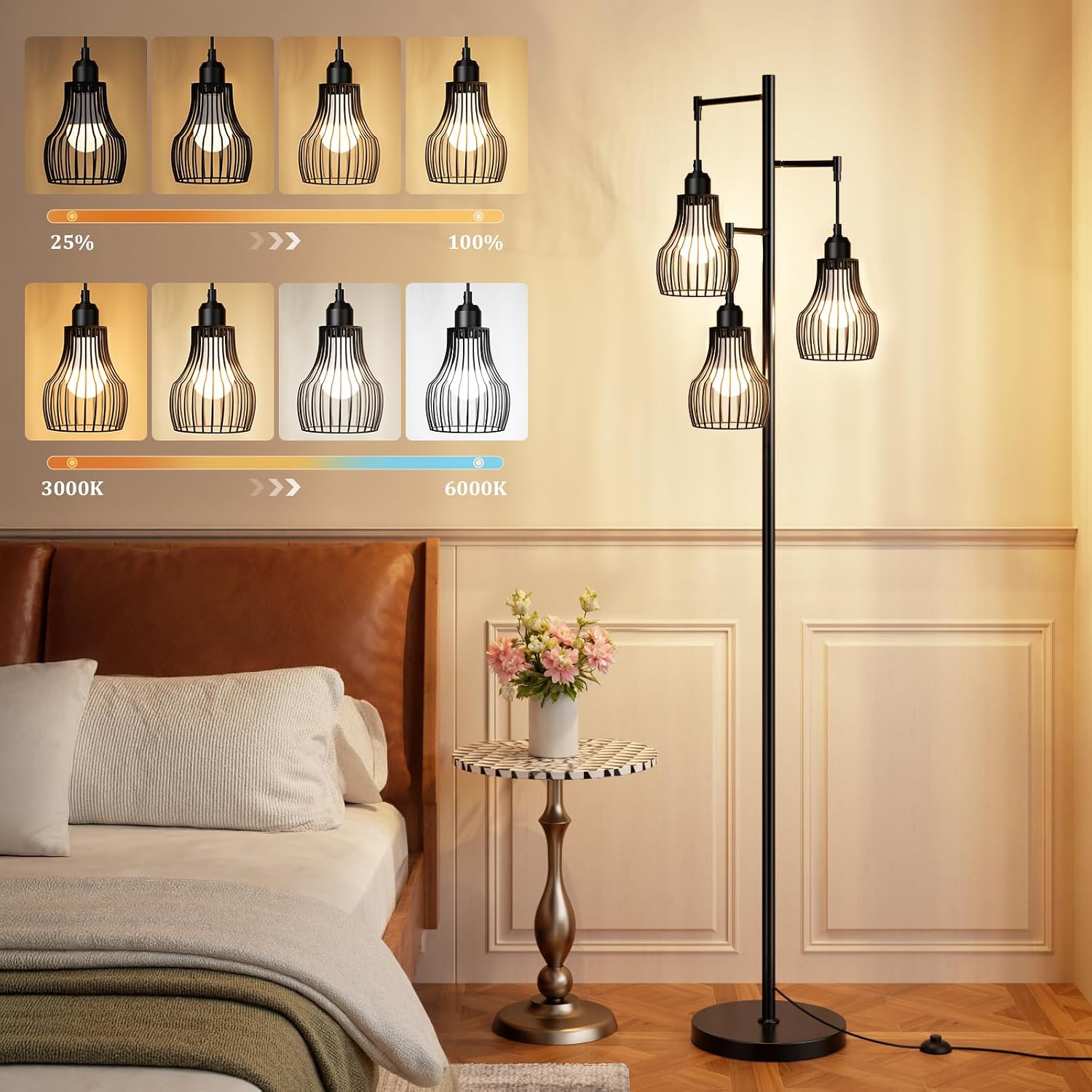 Ziisee Dimmable Floor Lamps for Living Room, Farmhouse Tree Standing Tall Lamp with Remote Control 3 Elegant Cage Shade LED Bulbs for…