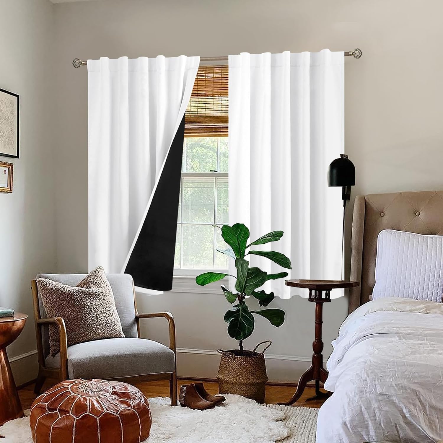 BGment Pure White 100% Blackout 48 Inch Curtains for Small Window, Rod Pocket and Back Tab Double Layer Black Out Thermal Insulated Room…