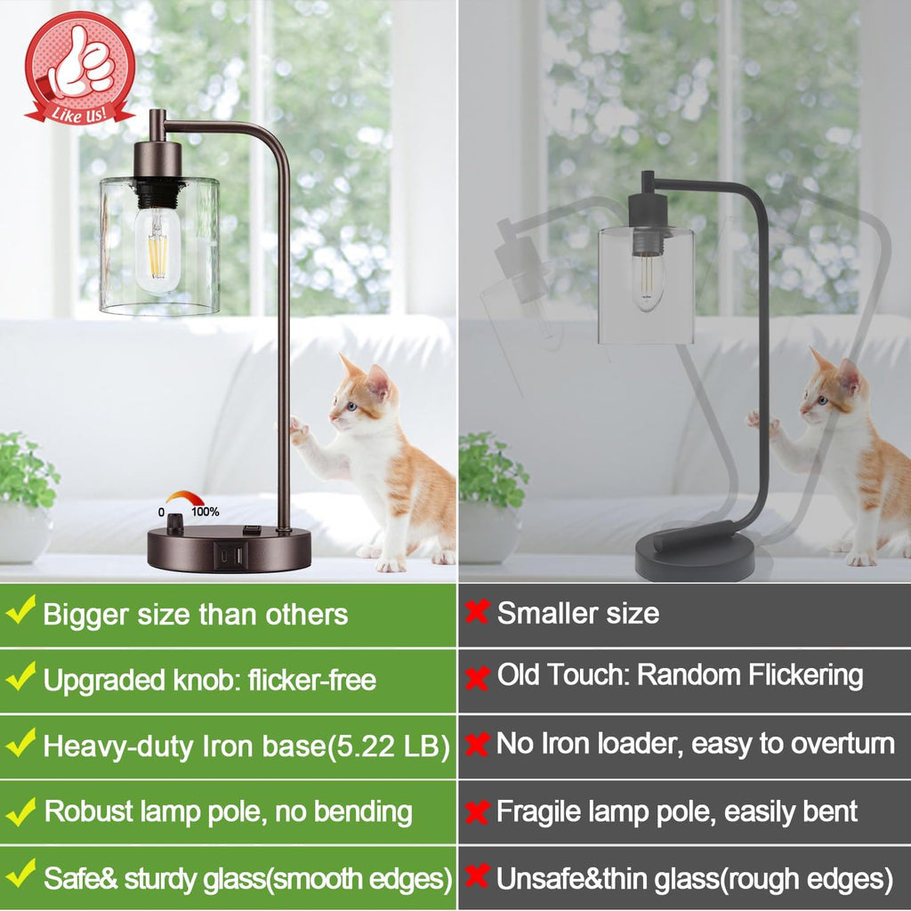 Lynnoland Set of 2 Oil Rubbed Bronze Table Lamps with USB C+A Ports and Outlet, Fully Stepless Dimmable Bedside Lamps, Industrial Desk…