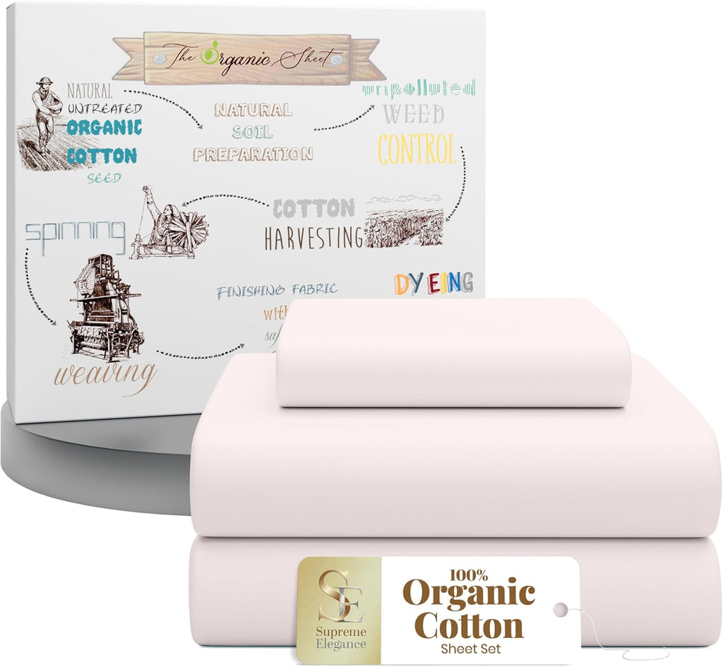 SupremeElegence SUPREME ELEGANCE 3Pc 100% Organic Cotton Twin Bed Sheets Set, Blush, Cooling Percale, Deep Pocket Fitted Sheet, Fits Mattre…