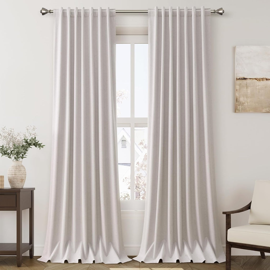 Nanspring Champagne 100% Blackout Linen Curtains 96 Inches Long for Bedroom Back Tab Thermal Insulated Modern Farmhouse Decor Black Out Cur…