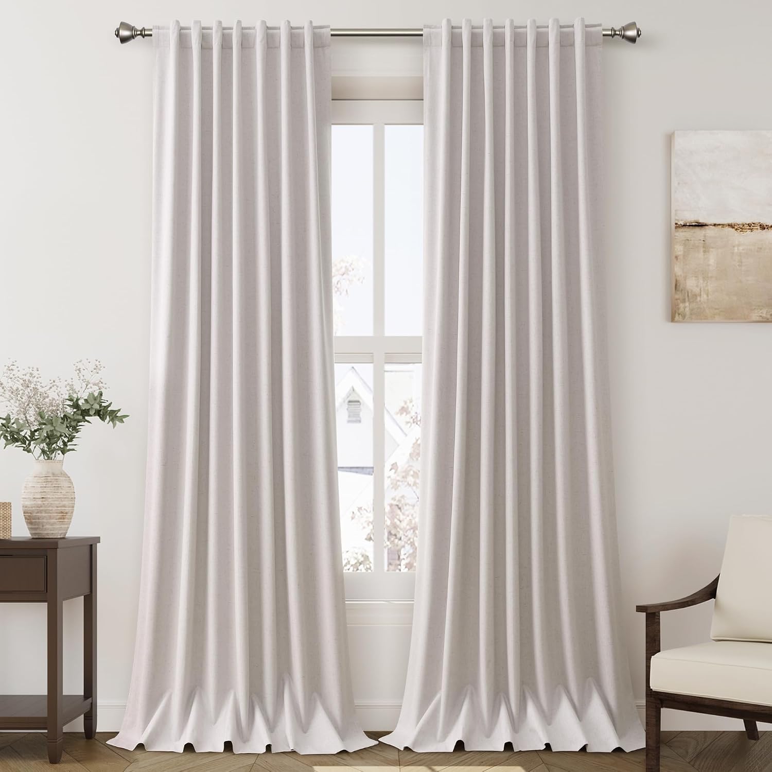 Nanspring Champagne 100% Blackout Linen Curtains 96 Inches Long for Bedroom Back Tab Thermal Insulated Modern Farmhouse Decor Black Out Cur…