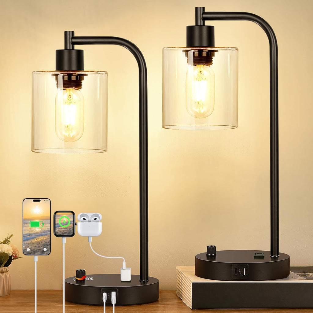 Set of 2 Industrial Table Lamps with USB C+A Ports and Outlet, Fully Stepless Dimmable Bedside Lamps for Bedrooms, Nightstand Desk Lamp…