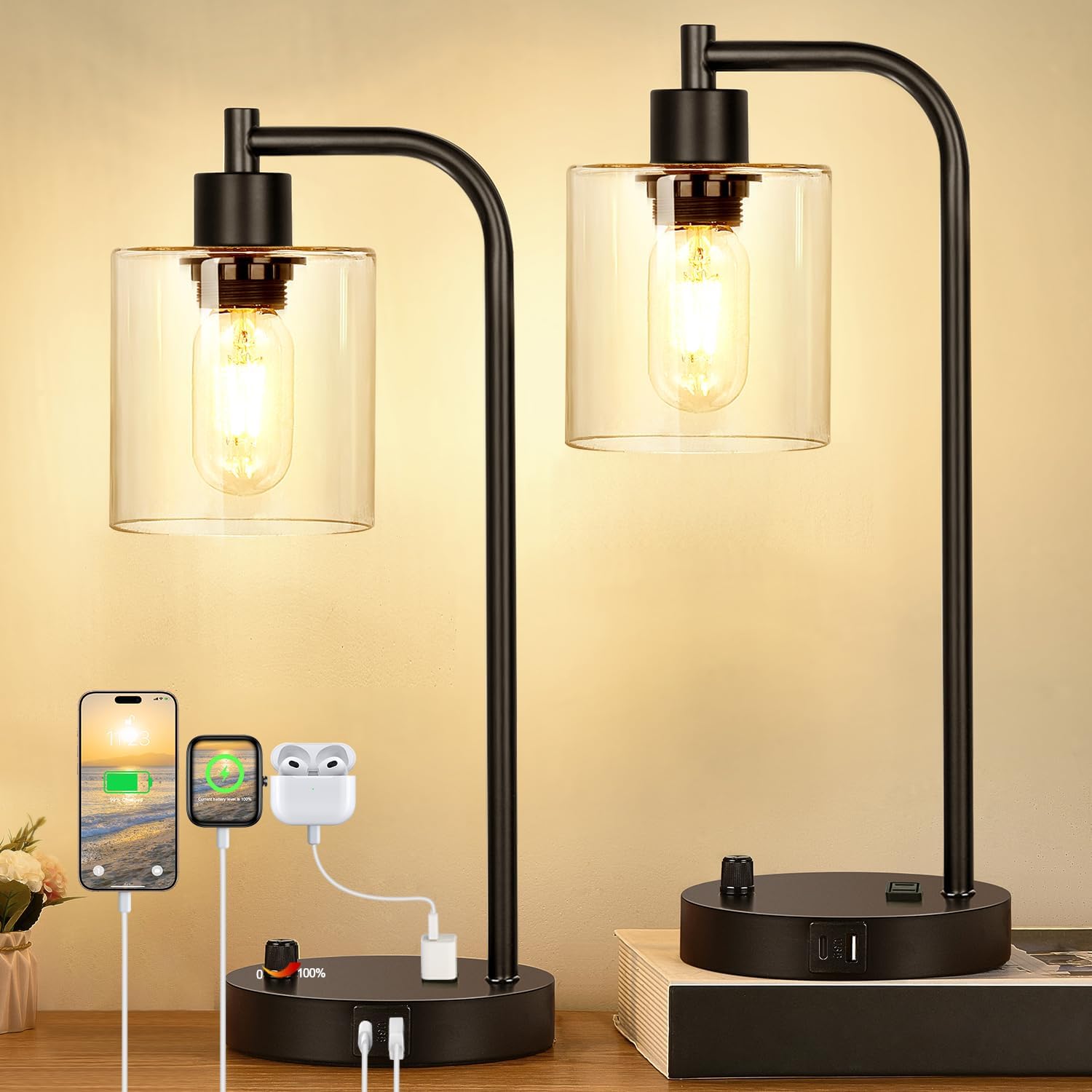 Set of 2 Industrial Table Lamps with USB C+A Ports and Outlet, Fully Stepless Dimmable Bedside Lamps for Bedrooms, Nightstand Desk Lamp…