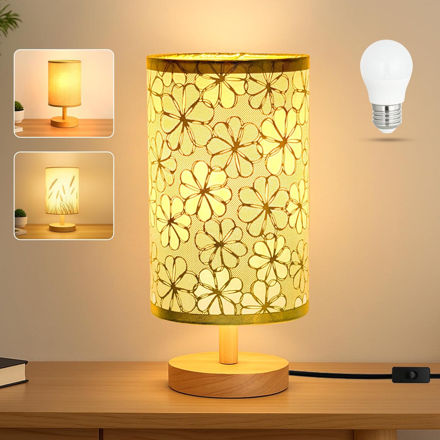 Desk Lamp LED Bulb Included, Small Bedside Table Lamp Plug-in - Classic Wood Base with Flaxen Fabric Shade, Lamps for Night Stands…