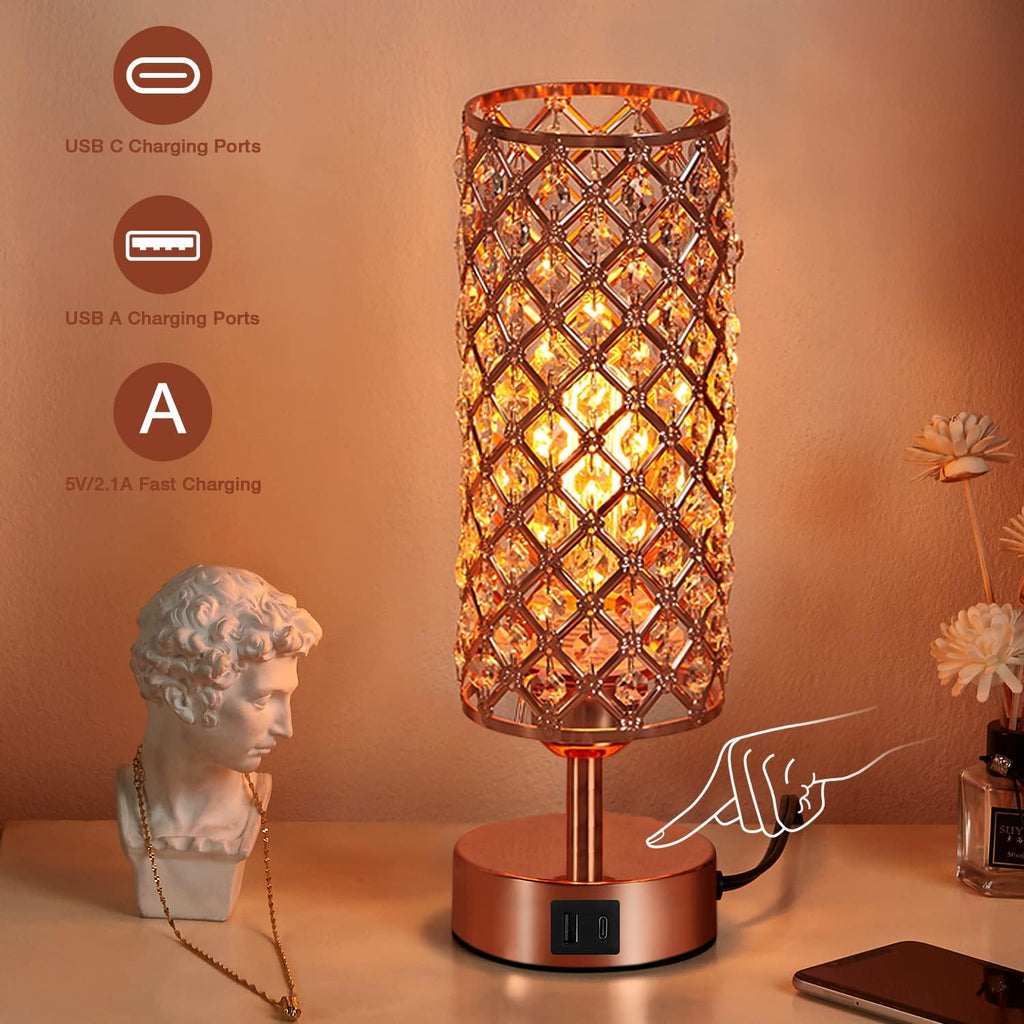 Hong-in Crystal Table Lamp - 3-Way Dimmable Touch Control, Rose Gold Bedside Lamp with USB C and A Ports, Nightstand Light for Living…