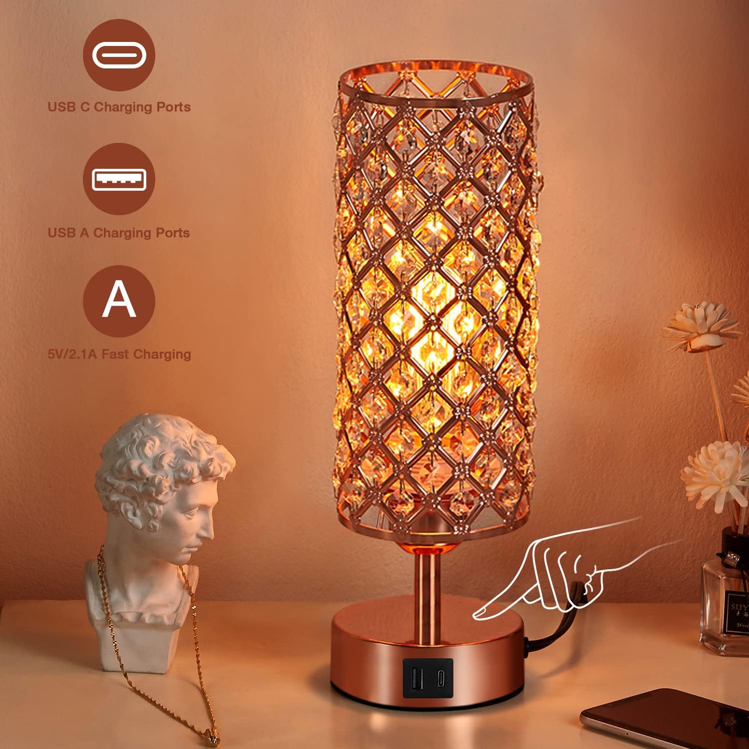 Hong-in Crystal Table Lamp - 3-Way Dimmable Touch Control, Rose Gold Bedside Lamp with USB C and A Ports, Nightstand Light for Living…