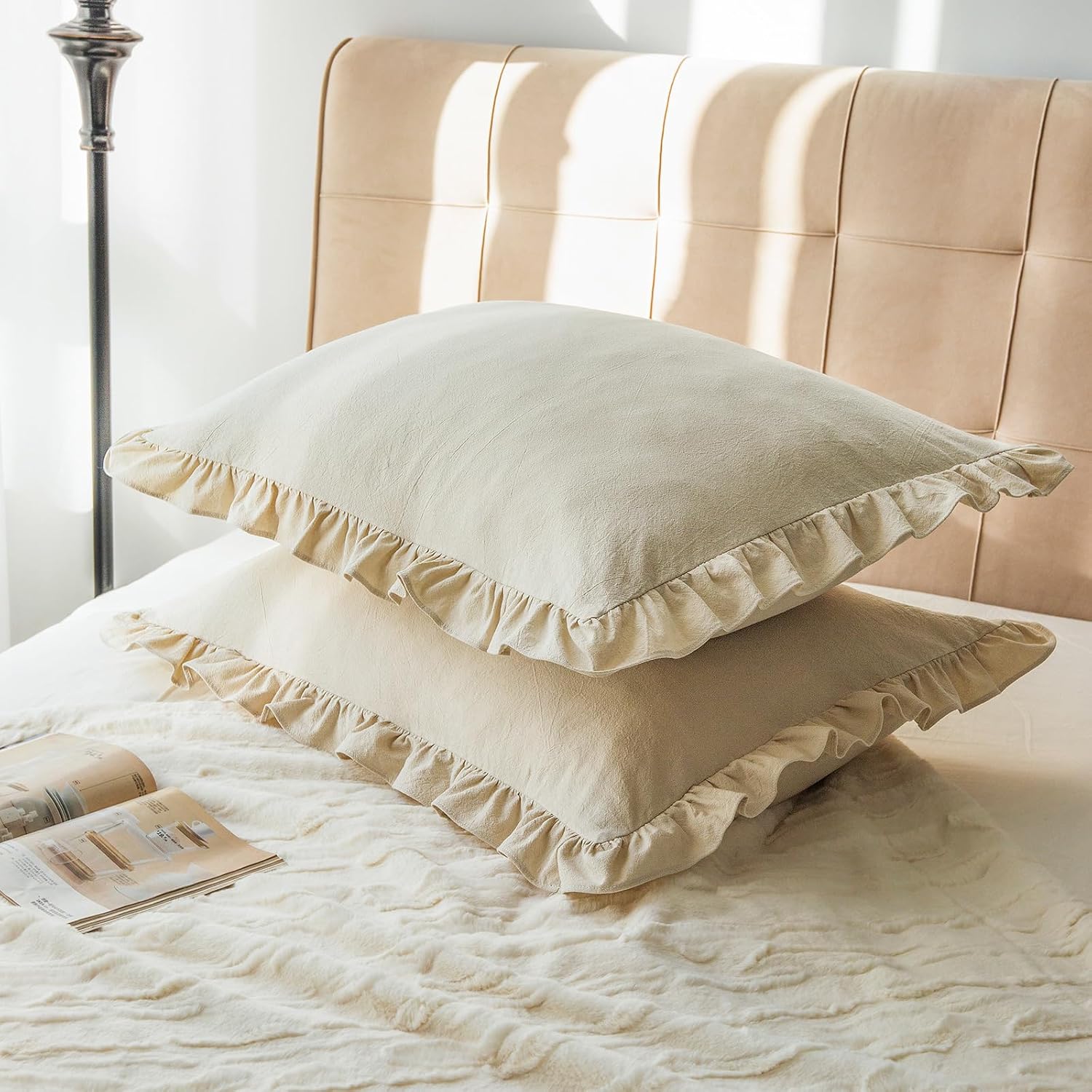 GLORY SEASON Pillow Shams Set of 2 Washed 100% Cotton Retro Ruffle Flounces Trim Solid Beige Decorative Pillow Cases for Home Bedroom…