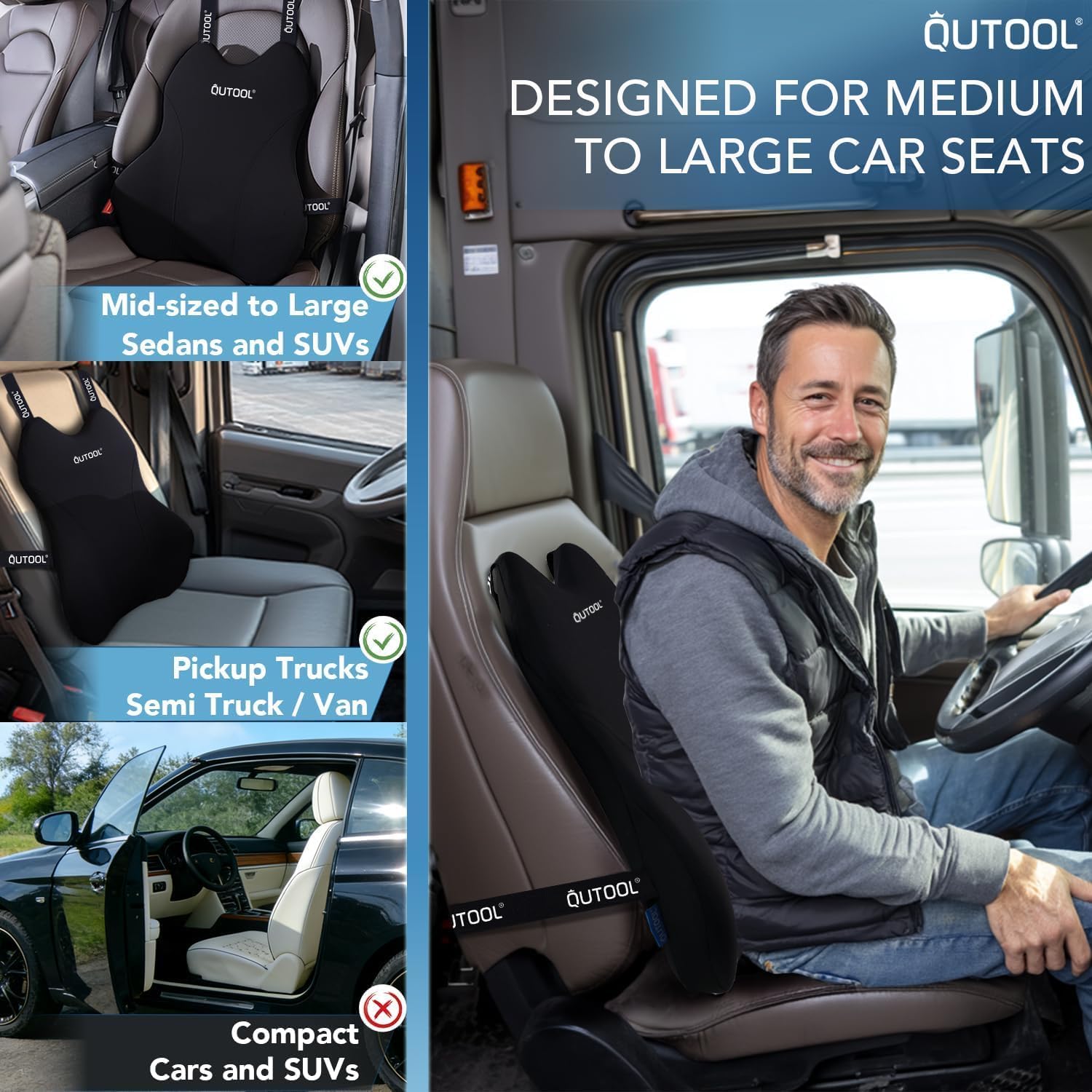 Qutool Lumbar Support Pillow for Car, Truck Accessories Travel Essentials, Memory Foam Back Cushion for Driving Seat, Back, Washable Cover,…