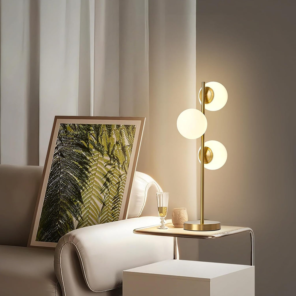 Mid Century Modern 3-Light Table Lamp, Gold LED Nightstand Lamp with White Glass Shades, Bedside Decor Lamp for Bedroom Living Room Office