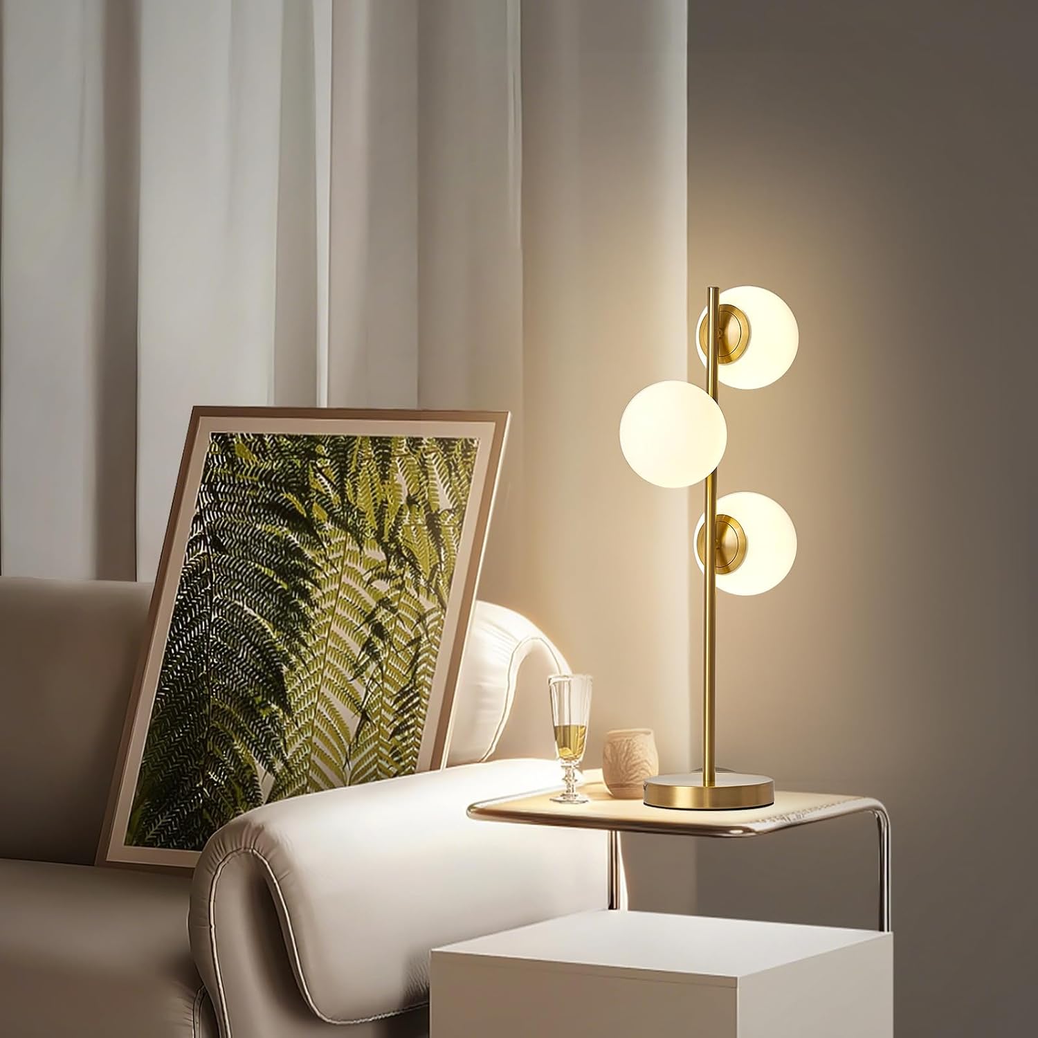 Mid Century Modern 3-Light Table Lamp, Gold LED Nightstand Lamp with White Glass Shades, Bedside Decor Lamp for Bedroom Living Room Office