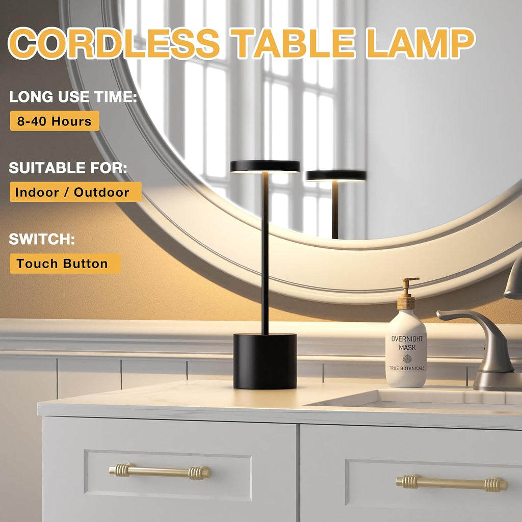 Black Cordless Table Lamp, 4000mAh Rechargeable Battery Powered Lamps, 3 Color Stepless Dimming, LED Wireless Outdoor Lamps for Dining…