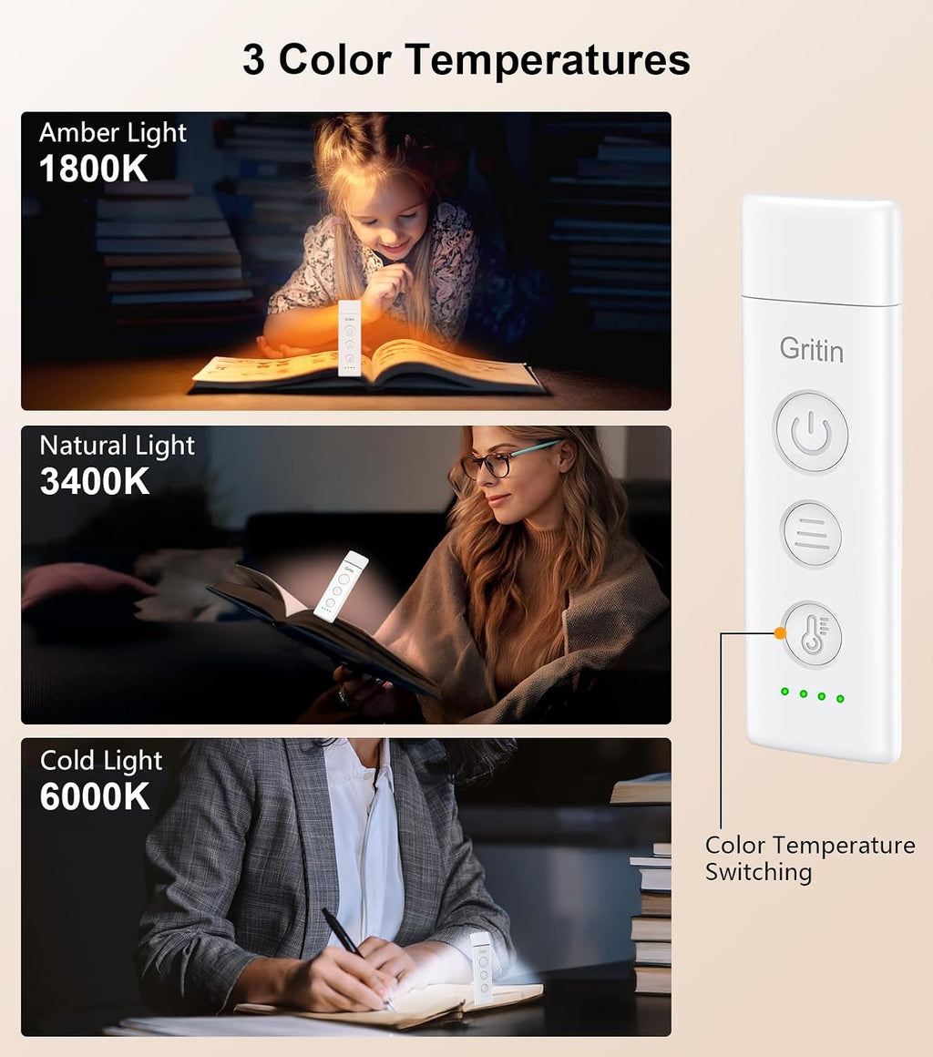 Gritin Book Light Rechargeable, Eye Caring 3-Color & 5-Brightness Clip on LED Reading Light for Books in Bed- Stepless Dimming, Long…