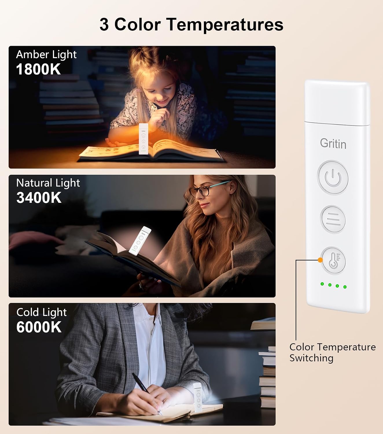 Gritin Book Light Rechargeable, Eye Caring 3-Color & 5-Brightness Clip on LED Reading Light for Books in Bed- Stepless Dimming, Long…