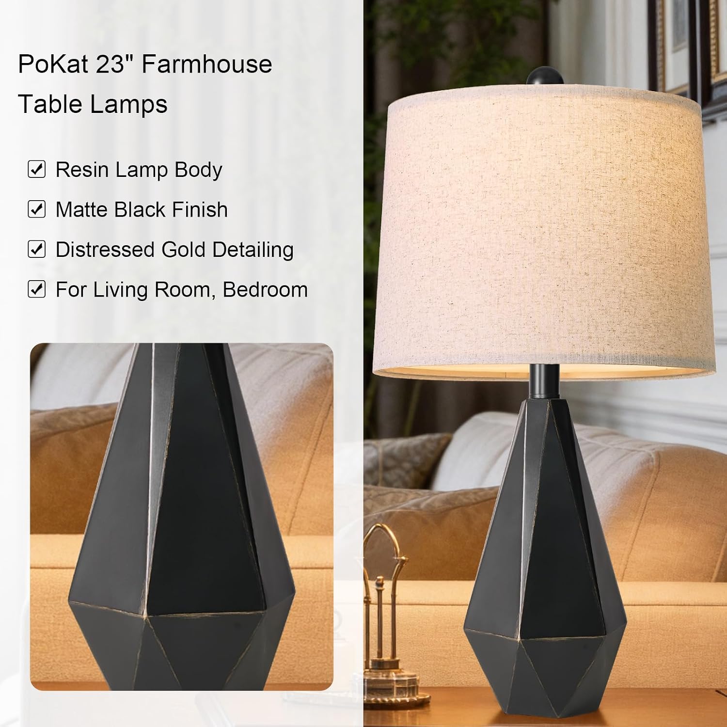 PoKat Table Lamps Set of 2 for Bedroom, 23.5'' High Farmhouse Nightstand Lamps for Living Room, Modern Bedside Lamps with Linen Shade for…