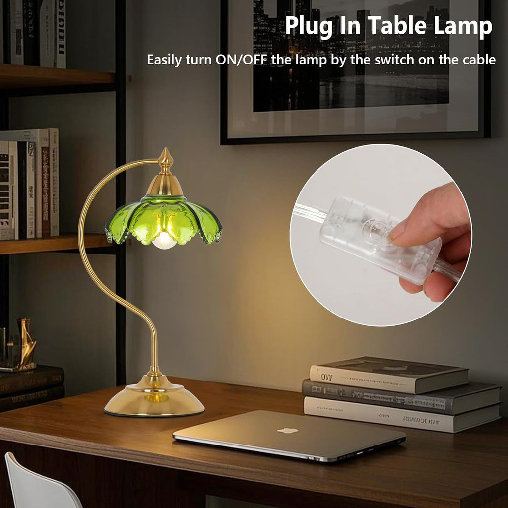 Glass Beside Table Lamp for Bedroom, Plug In Gold Desk Lamp, Vintage Flower Nightstand Lamp, Table Lamps for Living Room, Small Desk…