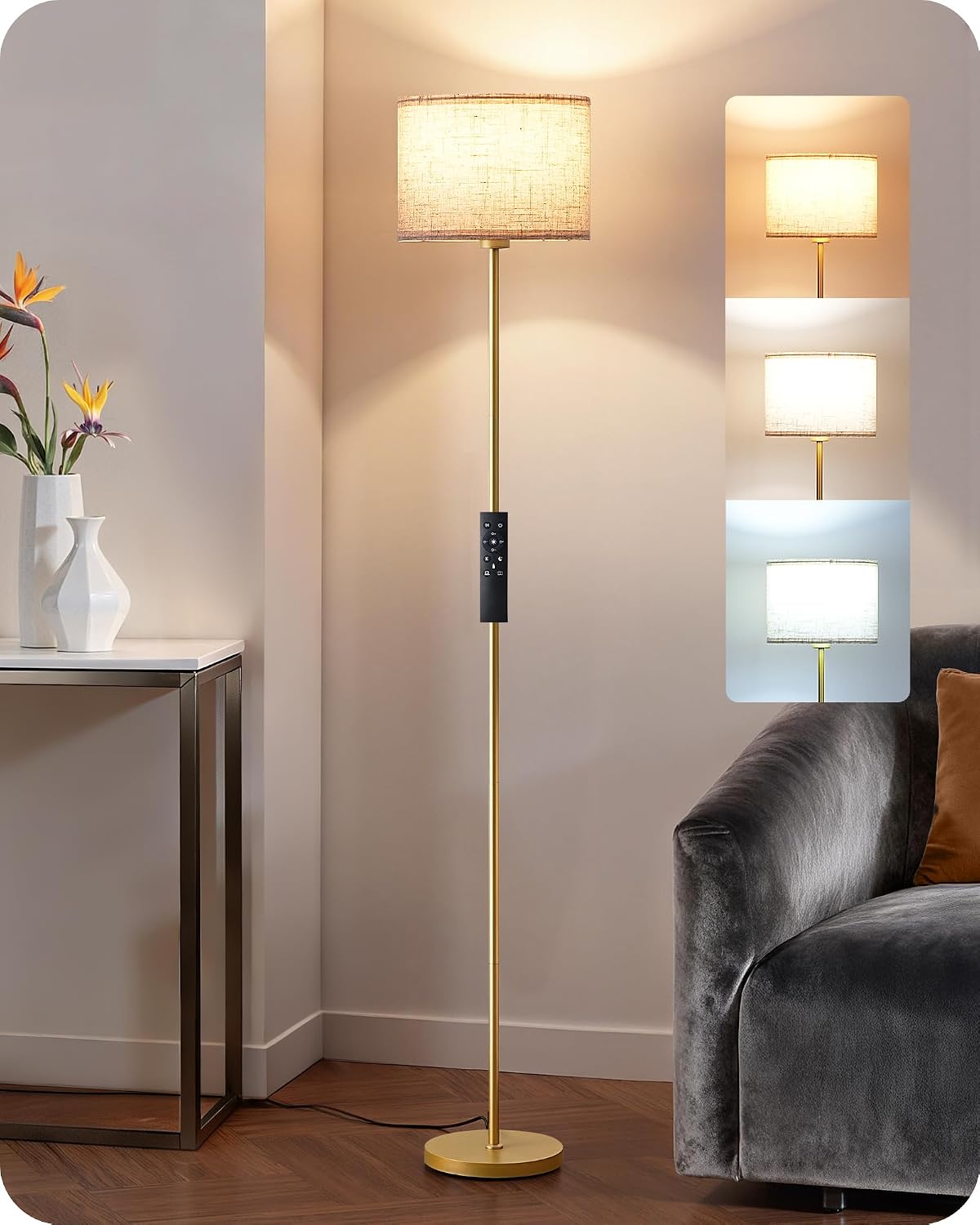 EDISHINE Modern Floor Lamp with 2 Shades, Adjustable Brightness & Color Temperature, Remote Control, Minimalist Standing Lamp, E26, A19…