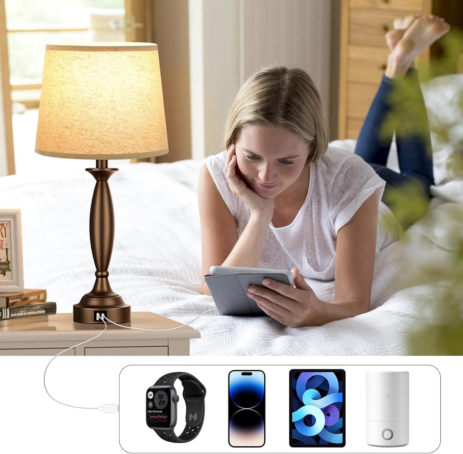 Seealle Beige Brown Lamps for Bedrooms Set of 2 - Touch Control Bedside Lamp with USB C+A, 3 Way Dimmable Nightstand Lamps with USB Port…