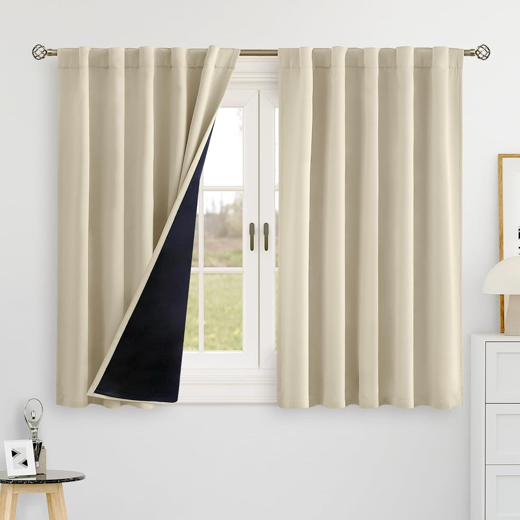 BGment Beige 100% Blackout 48 Inch Curtains for Small Window, Rod Pocket and Back Tab Double Layer Black Out Thermal Insulated Room…